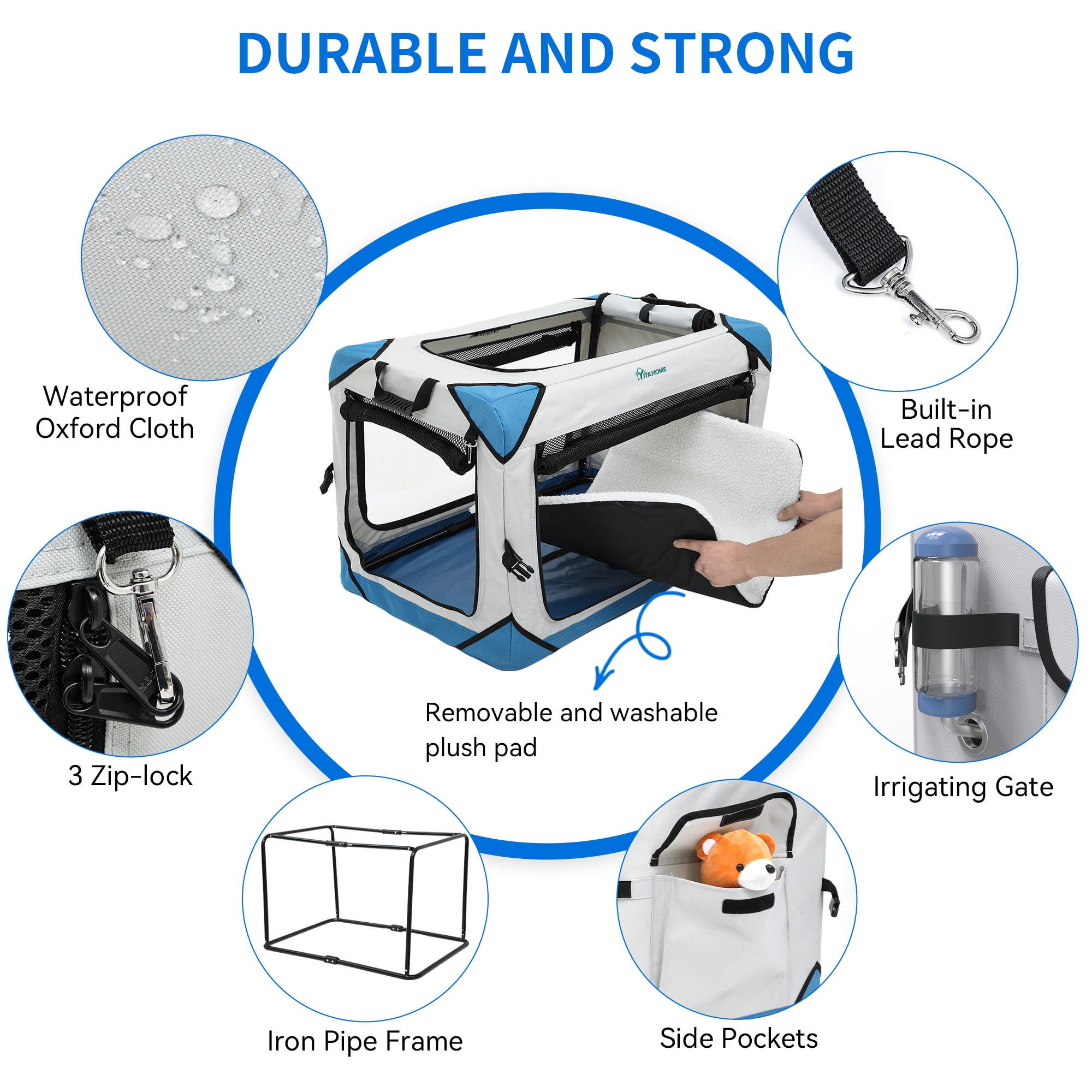Dextrus Portable Dog Travel Crate, Large Collapsible Pet Carrier with 4 Doors and Sturdy Mesh Windows, Soft Dog Kennel for Indoor and Outdoor Use(20" L x 13" W x 15" H) - Image 3