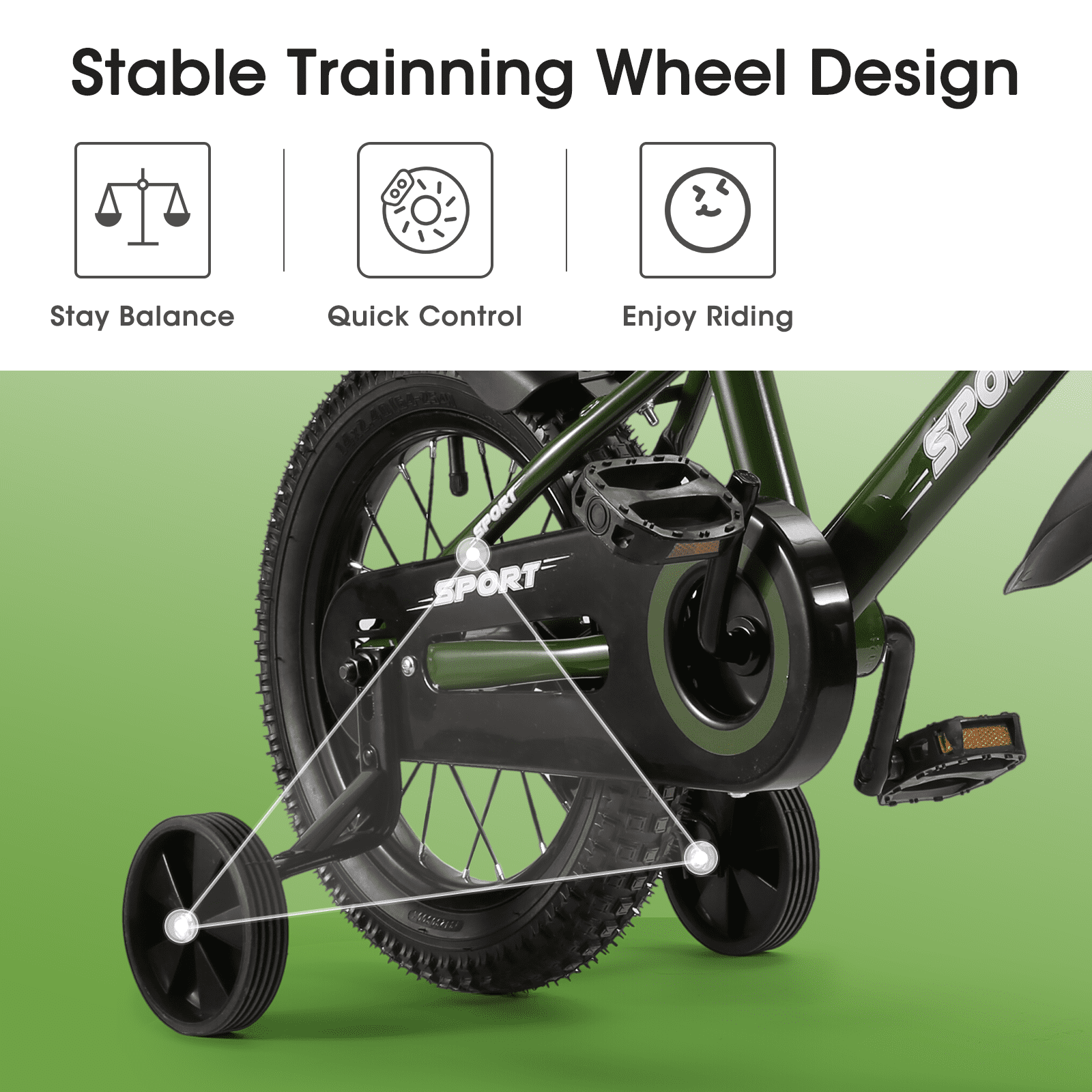 Naipo 14 in Kid Bike Green Children Bikes for Boys Girls Removable Training Wheels Bicycle - Image 9