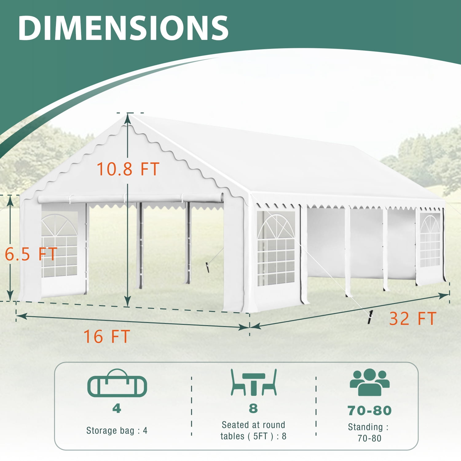 Summit Living 16’ x 32’ Party Tent with 10 Removable Sidewalls Outdoor Event Canopy Tents for Outside - White - Image 7