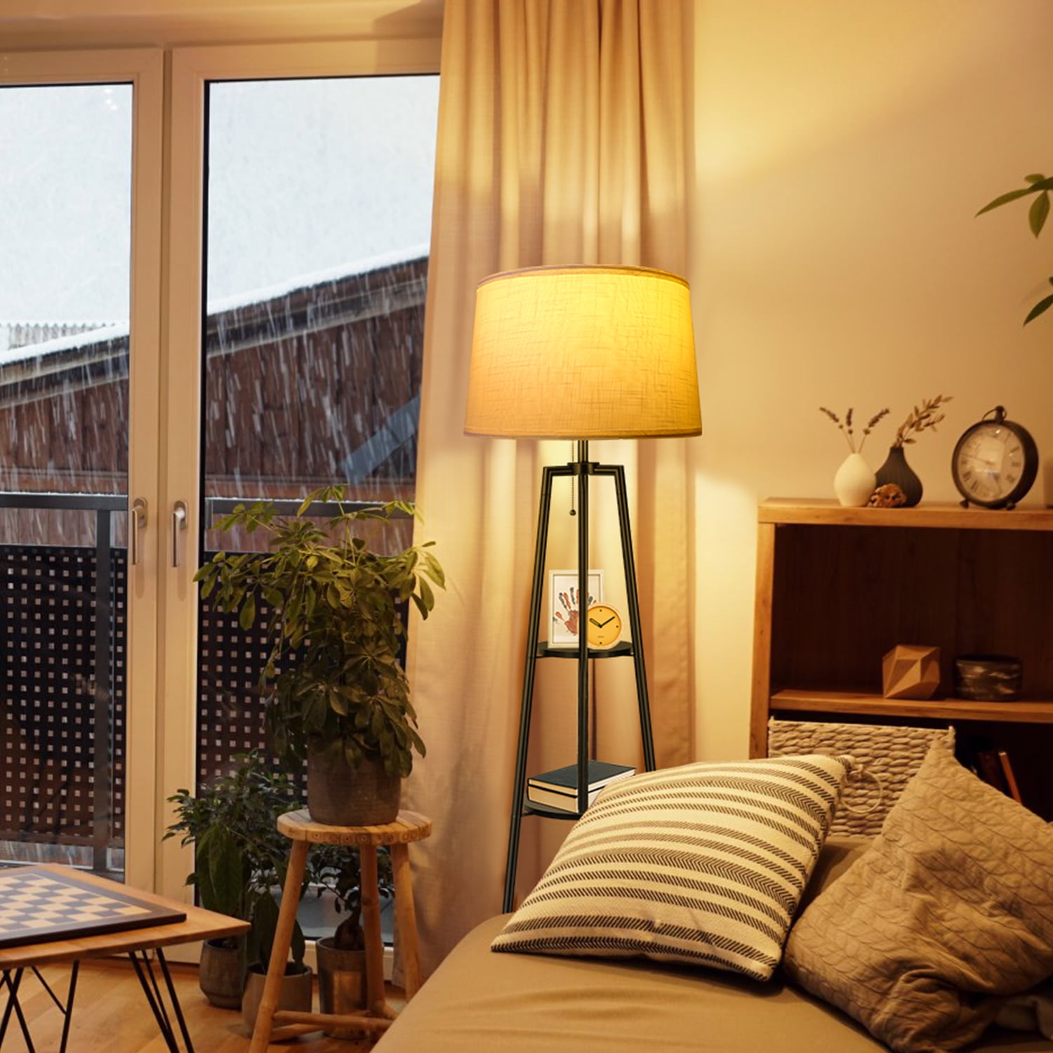 OUTON Tripod Floor Lamp with Shelves, Modern Standing Lamp with Linen Lampshade for Living Room, Bedroom, Office ,3 Color Temperature Bulb Stepless Dimming(Metal Black) - Image 4