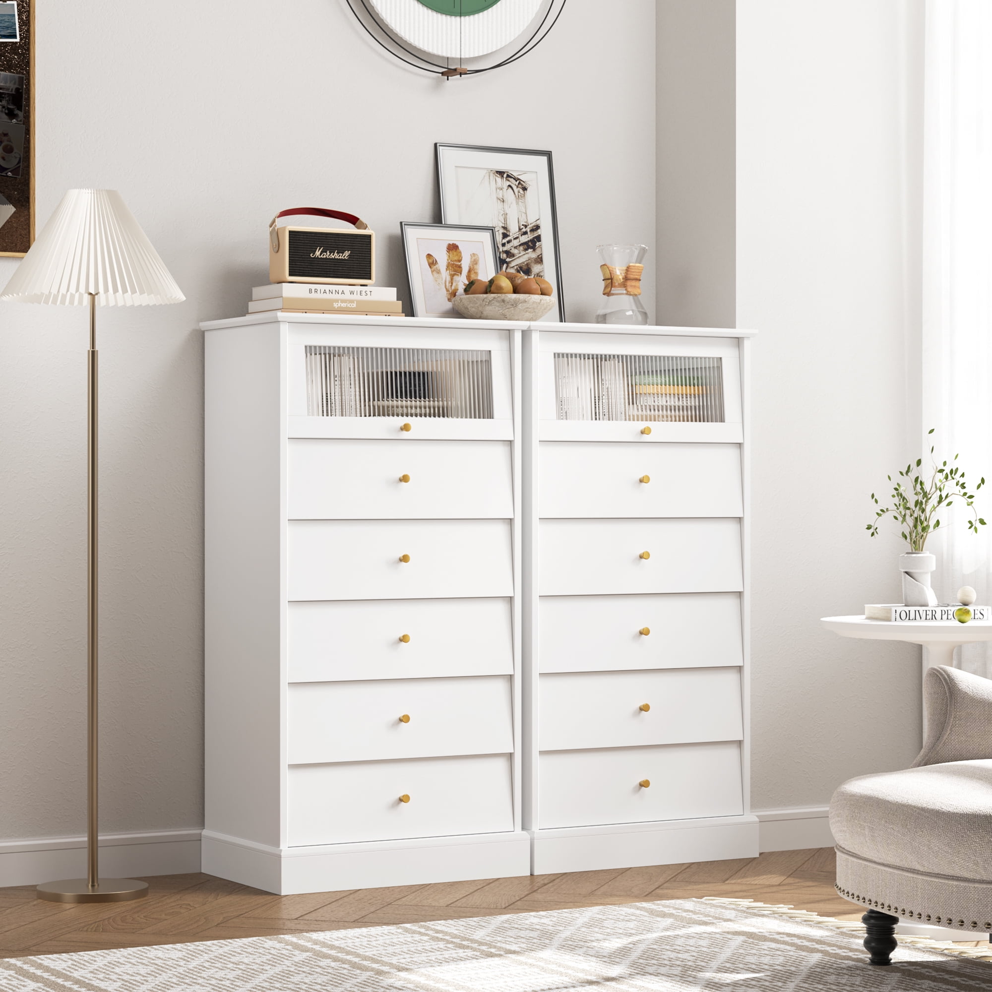 Homfa 6 Drawer Vertical White Dresser for Bedroom, Glass Door Modern Wood Storage Cabinet with Metal Knobs for Living Room - Image 8
