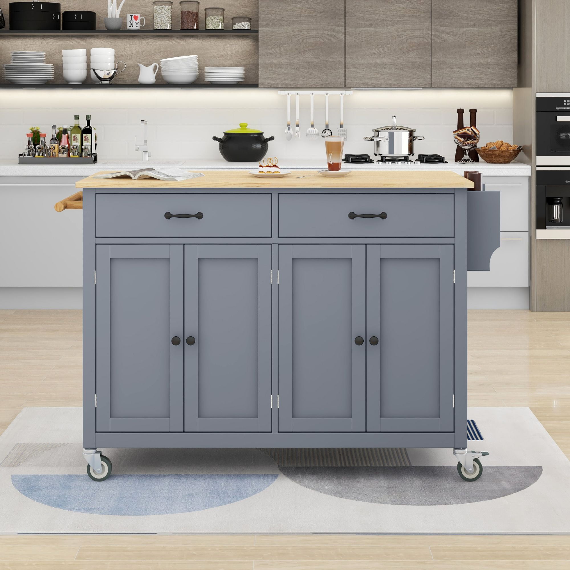 EUROCO Kitchen Island Cart with Solid Wood Top and Locking Wheels, 4 Door Cabinet and Two Drawers, Spice Rack and Towel Rack, Gray - Image 9