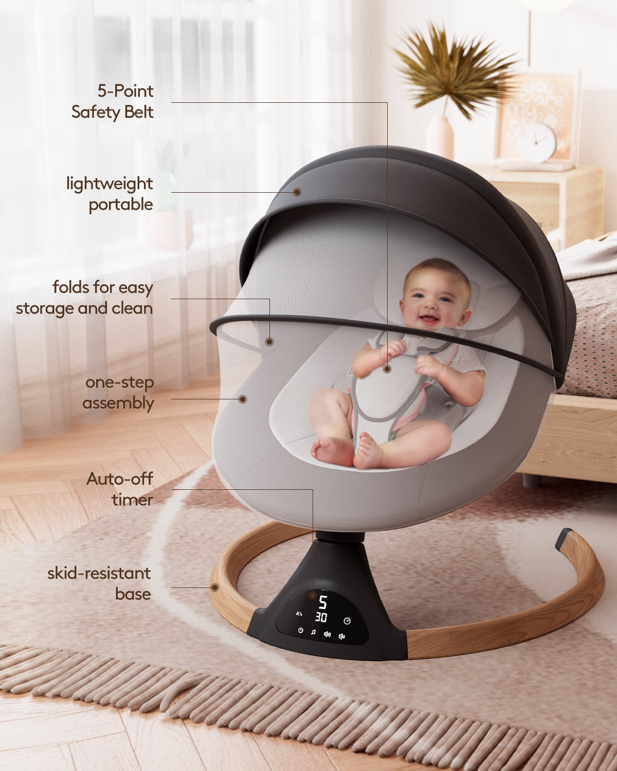 Babyomi Baby Swing for Infant, Electric Bluetooth Swing Rocker with 5 Sway Speeds& 10 nursery rhyme , Black - Image 5