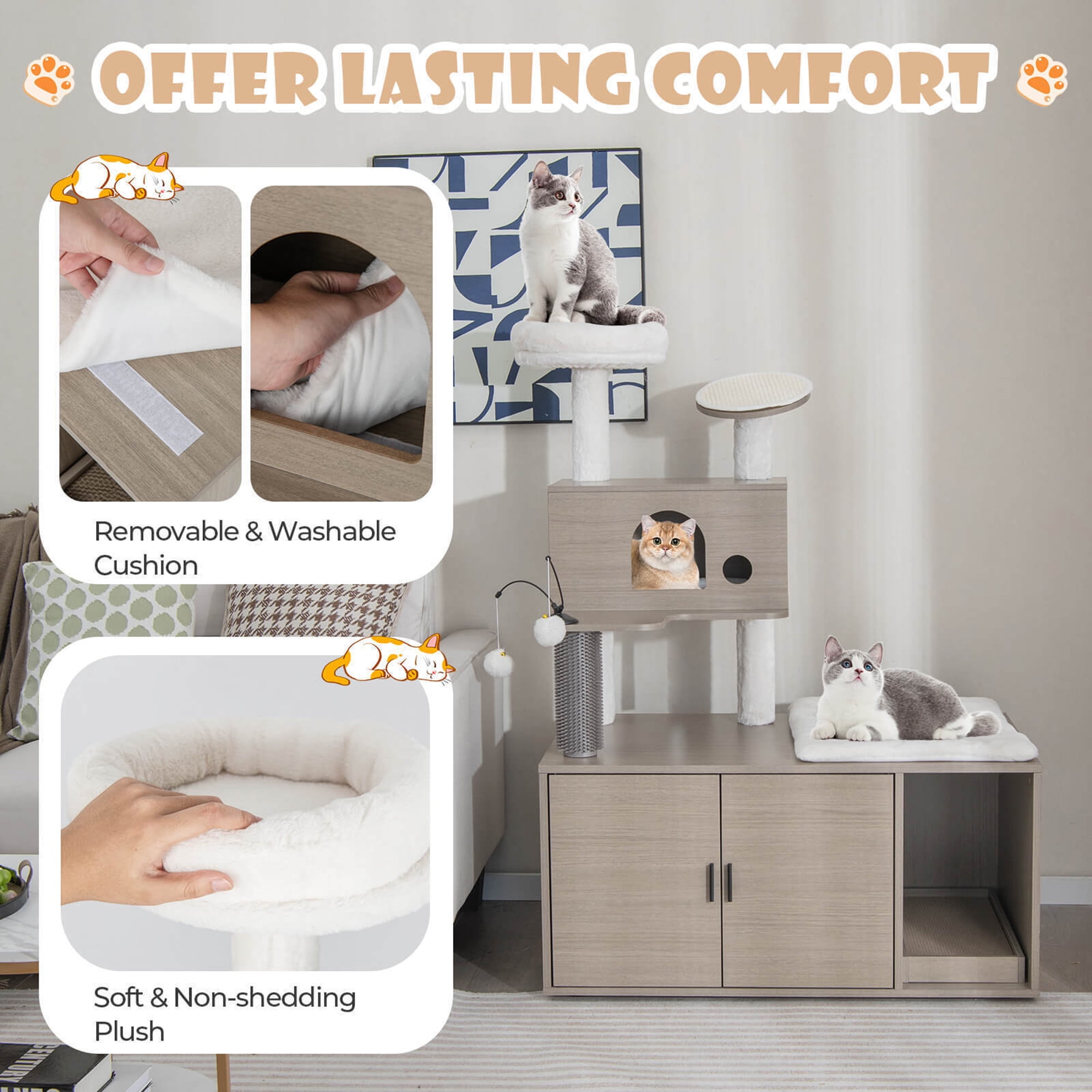 Gymax Cat Tree with Litter Box Enclosure 2-in-1 Modern Cat Tower with Cat Condo - Image 7