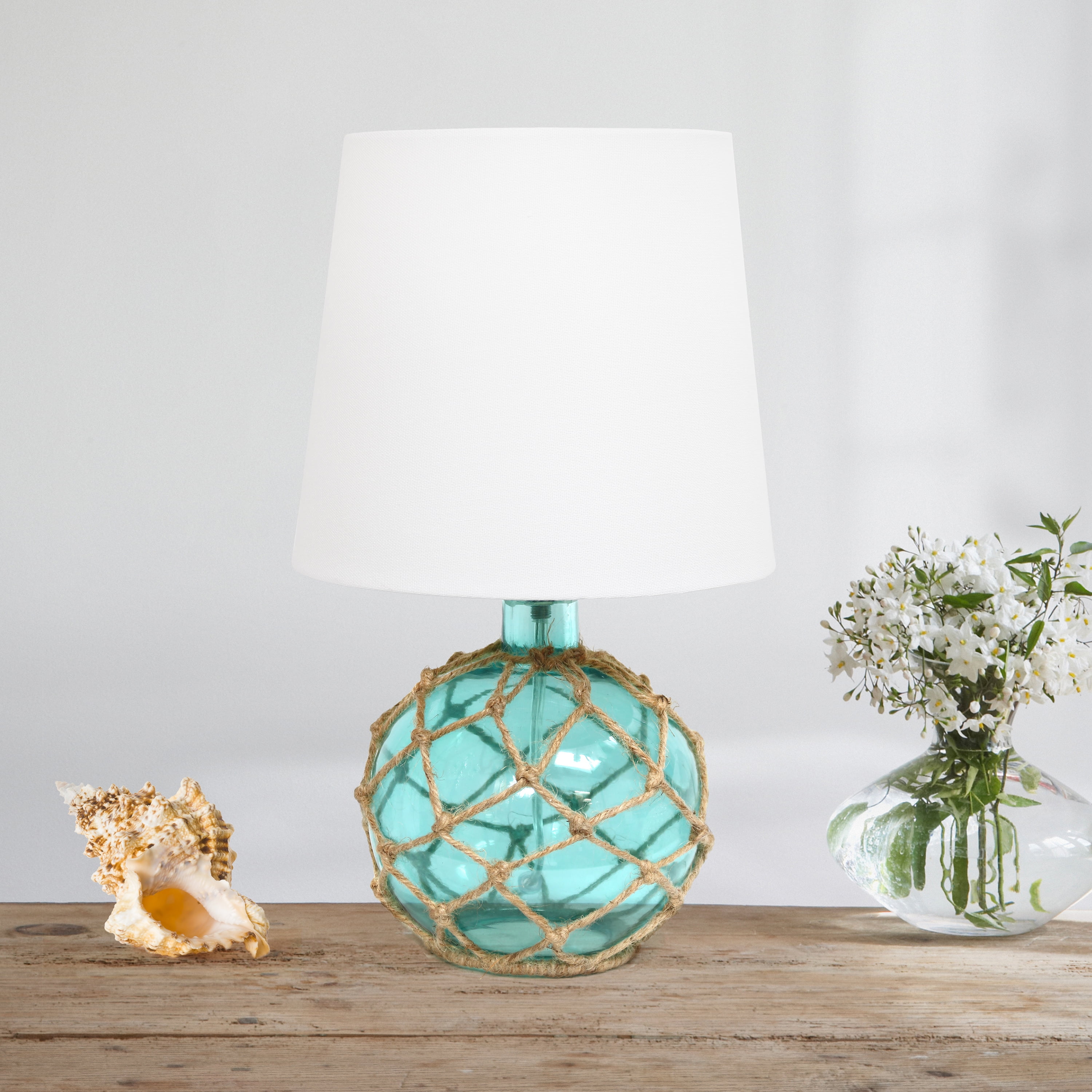 Elegant Designs 14.75" Buoy Rope 2-Pack Nautical Netted Coastal Ocean Sea Glass Table Lamp with White Fabric Shade, Aqua - Image 9
