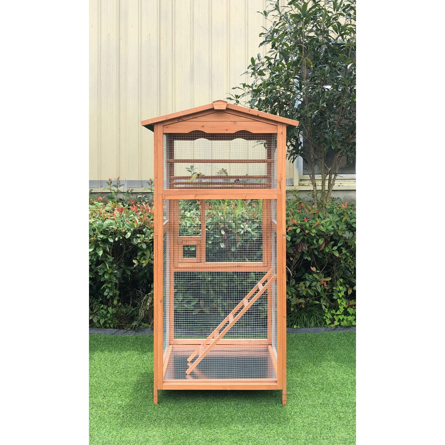 Hanover Outdoor Wooden Bird Cage with 3 Resting Bars, Ladder, Waterproof Roof and Removable Tray, 2.9 Ft. x 2.1 Ft. x 5.8 Ft. - Image 12