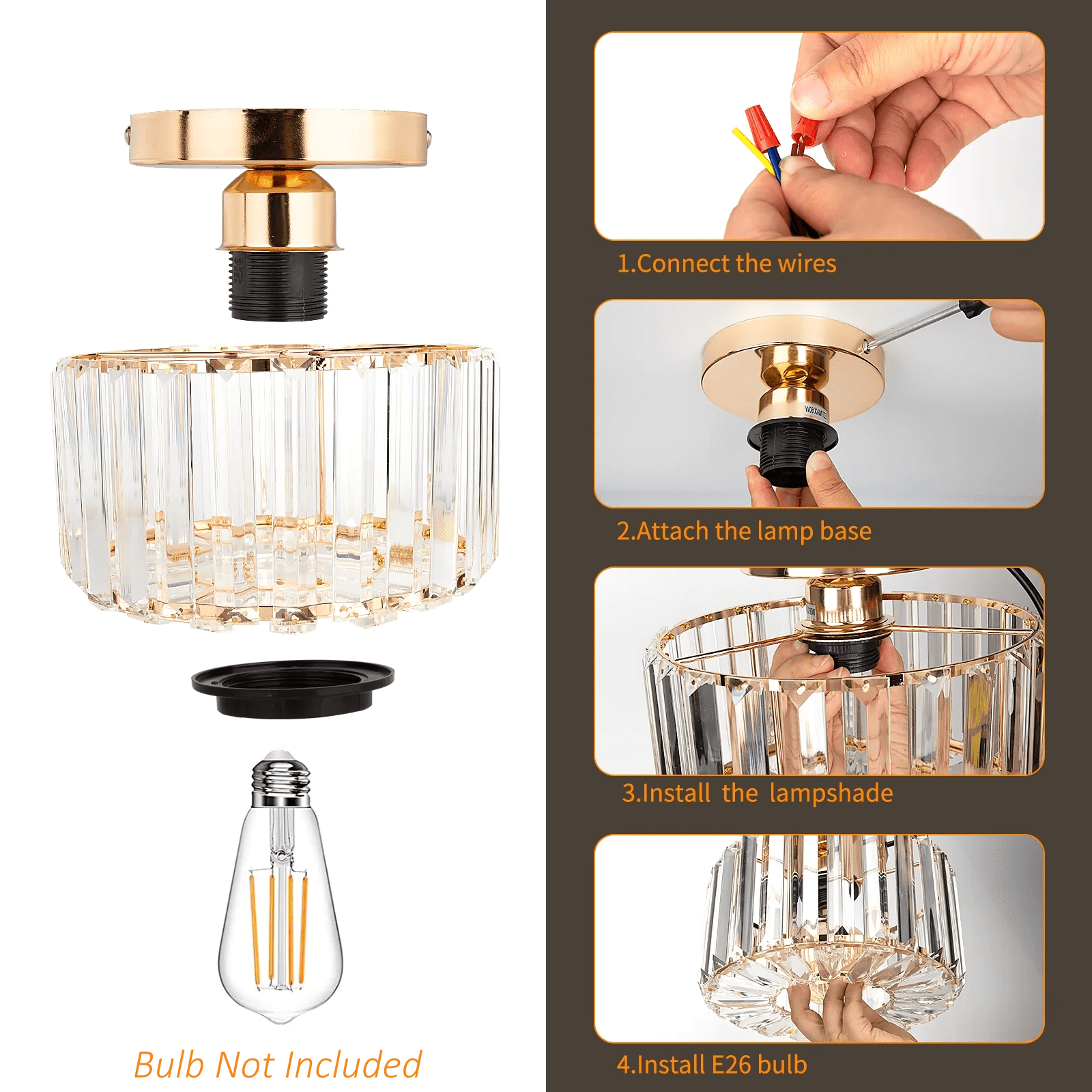 Frideko Home Crystal Ceiling Light Fixture, 9" Gold Modern Semi Flush Mount Ceiling Light, E26 Base for Light Bulbs, Crystal Chandelier for Kitchen Bedroom Bathroom Hallway (Bulb not Included) - Image 7