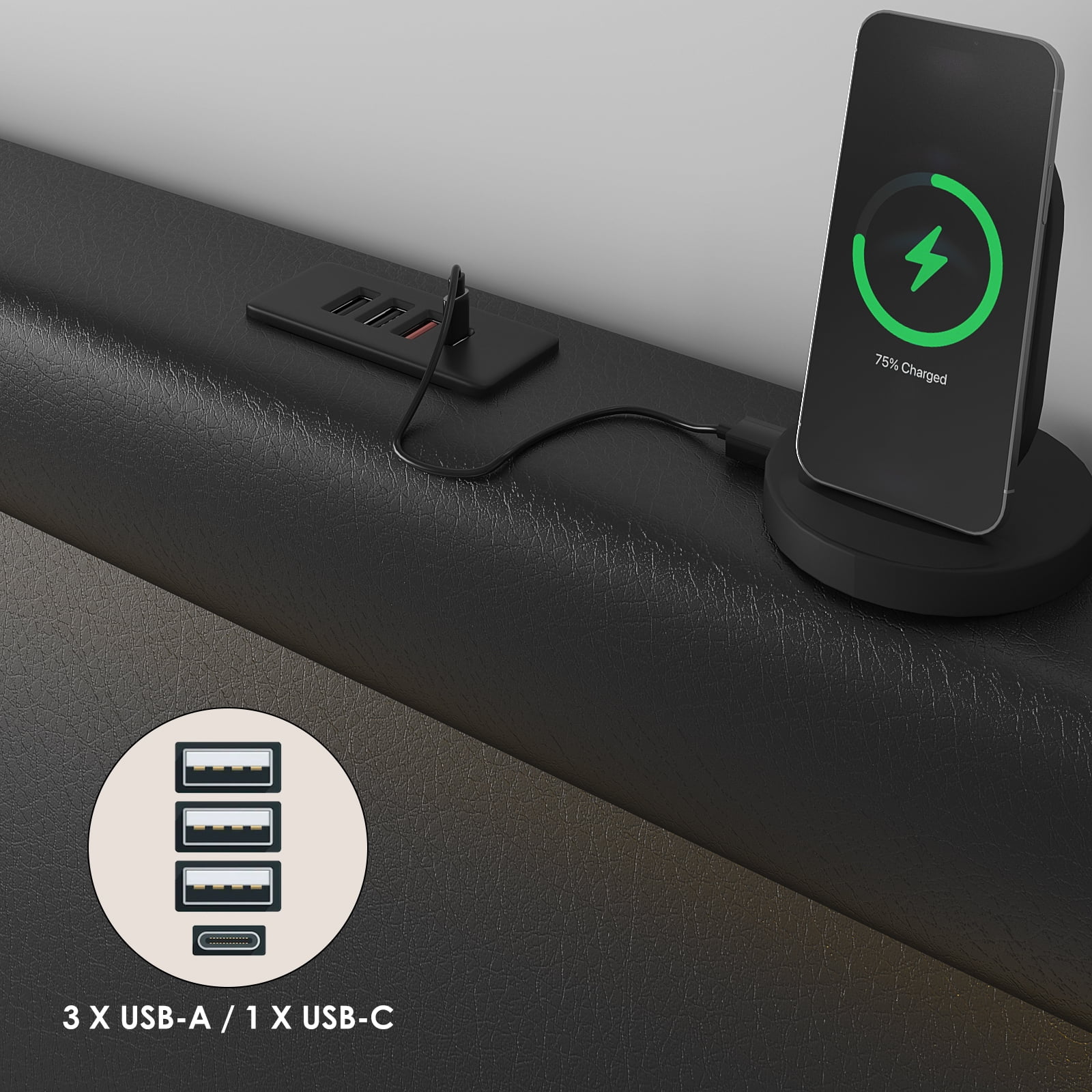 Homfa Queen Size LED Bed Frame with 2 Storage Drawers, Modern Leather Upholstered Platform Bed Frame with Adjustable Headboard, Black - Image 7