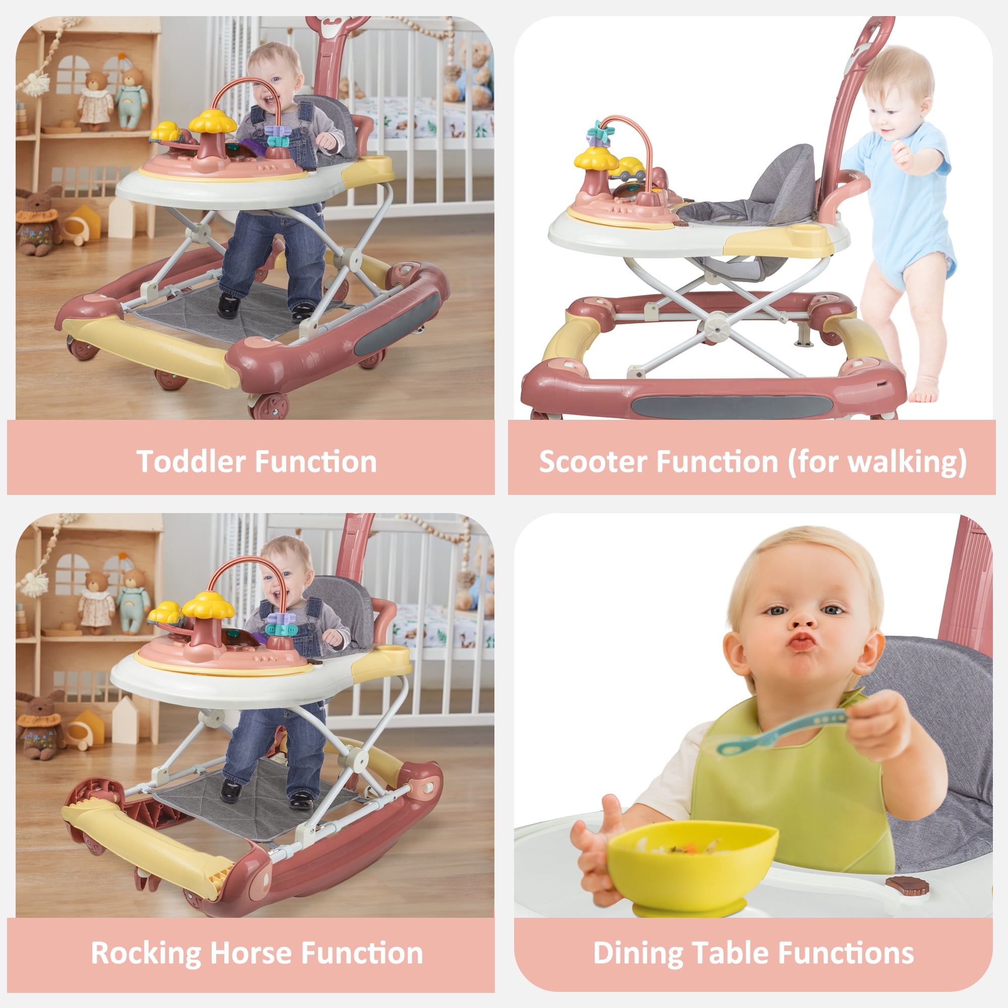 Jonster Baby Walker, 4 in 1 Foldable Walkers with Wheels & Removable Feeding & Music Tray, Activity Center for Baby Boys / Girls, Pink - Image 2