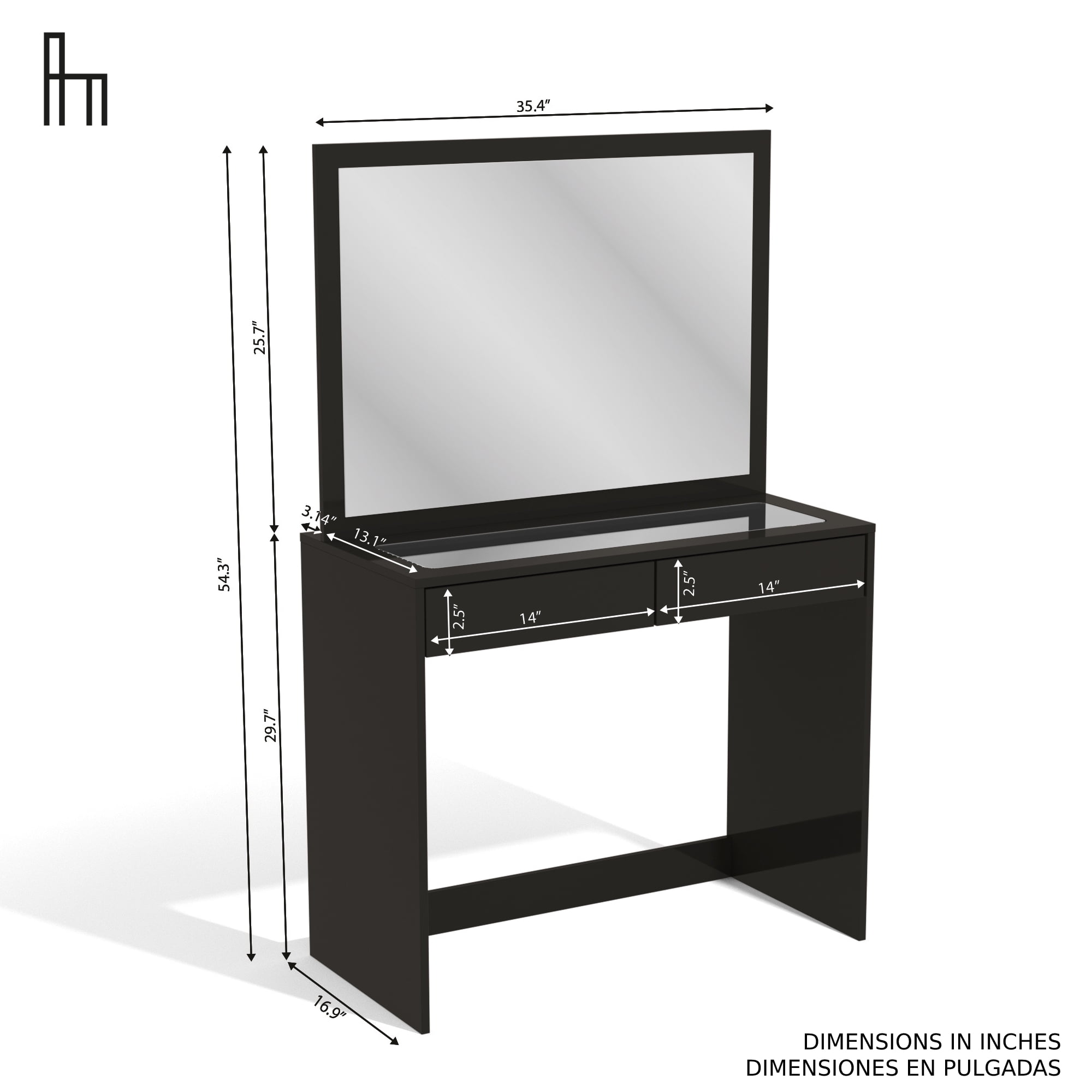 Ember Interiors Carly Black Makeup Vanity Desk with Mirror for Women & Teens - Image 3