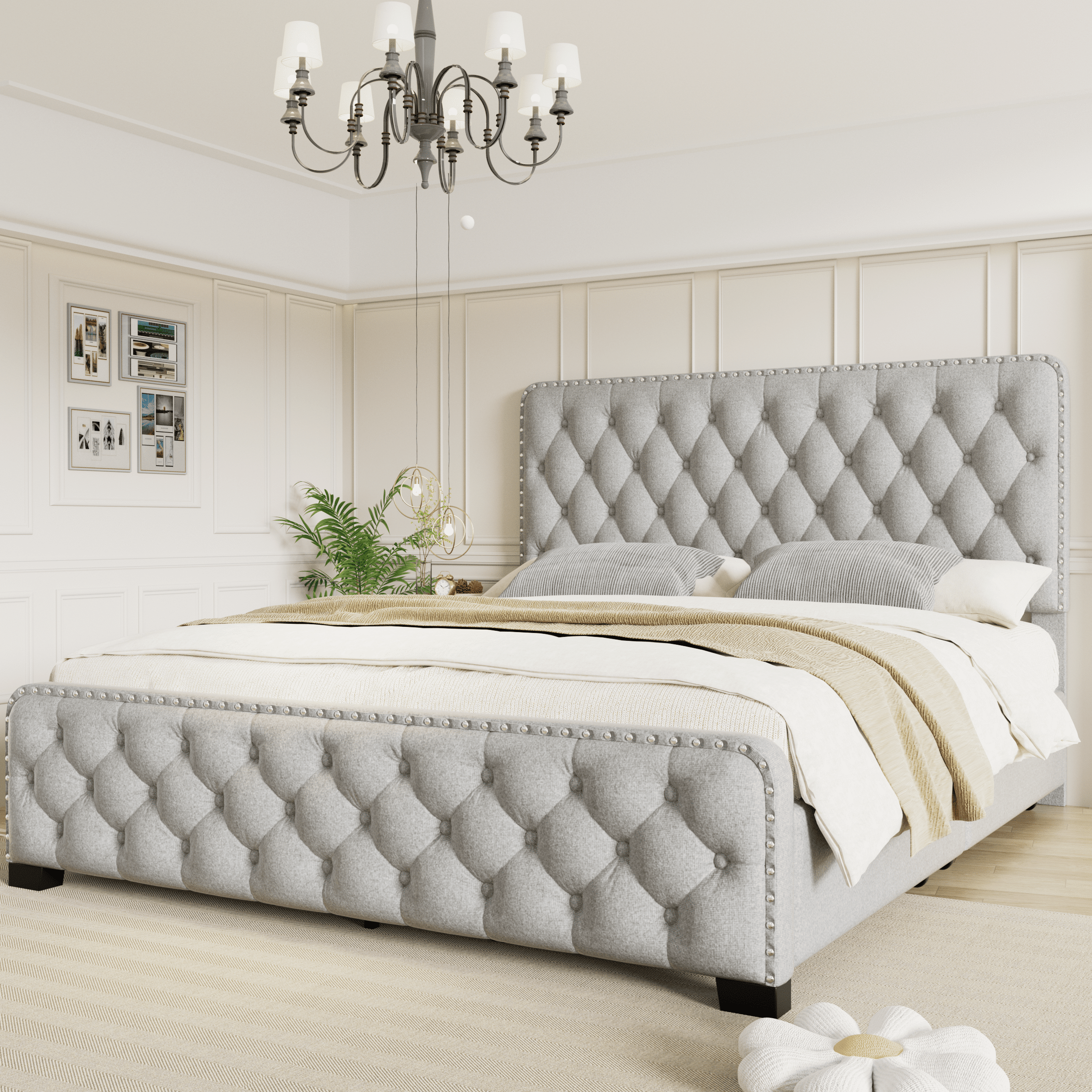 TrumanPick Queen Size 4 Drawers Bed Frame with Adjustable Upholstered Button Headboard, Adult, Grey - Image 2