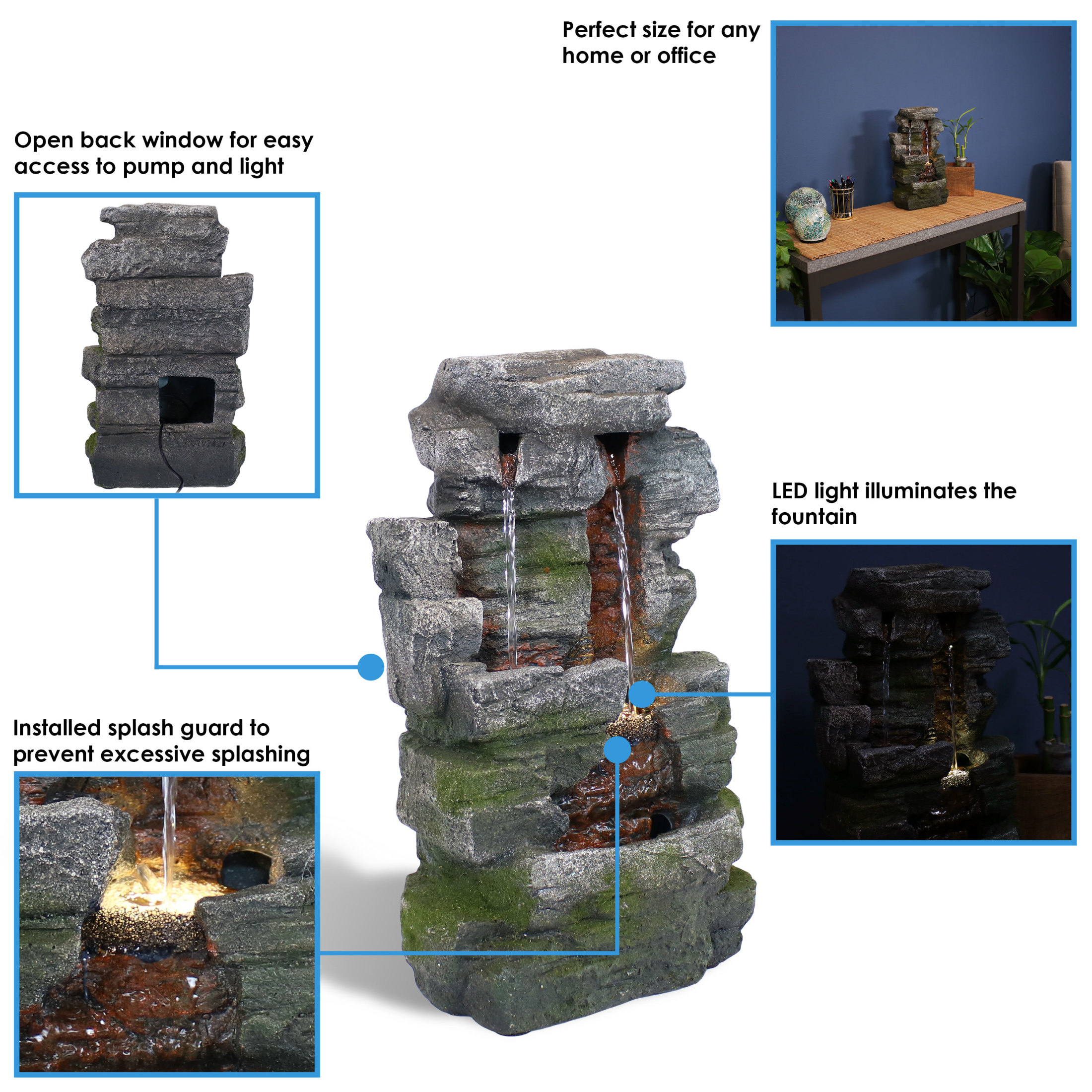 Sunnydaze Towering Cave Waterfall Indoor Tabletop Fountain with LED - 14" - Image 2