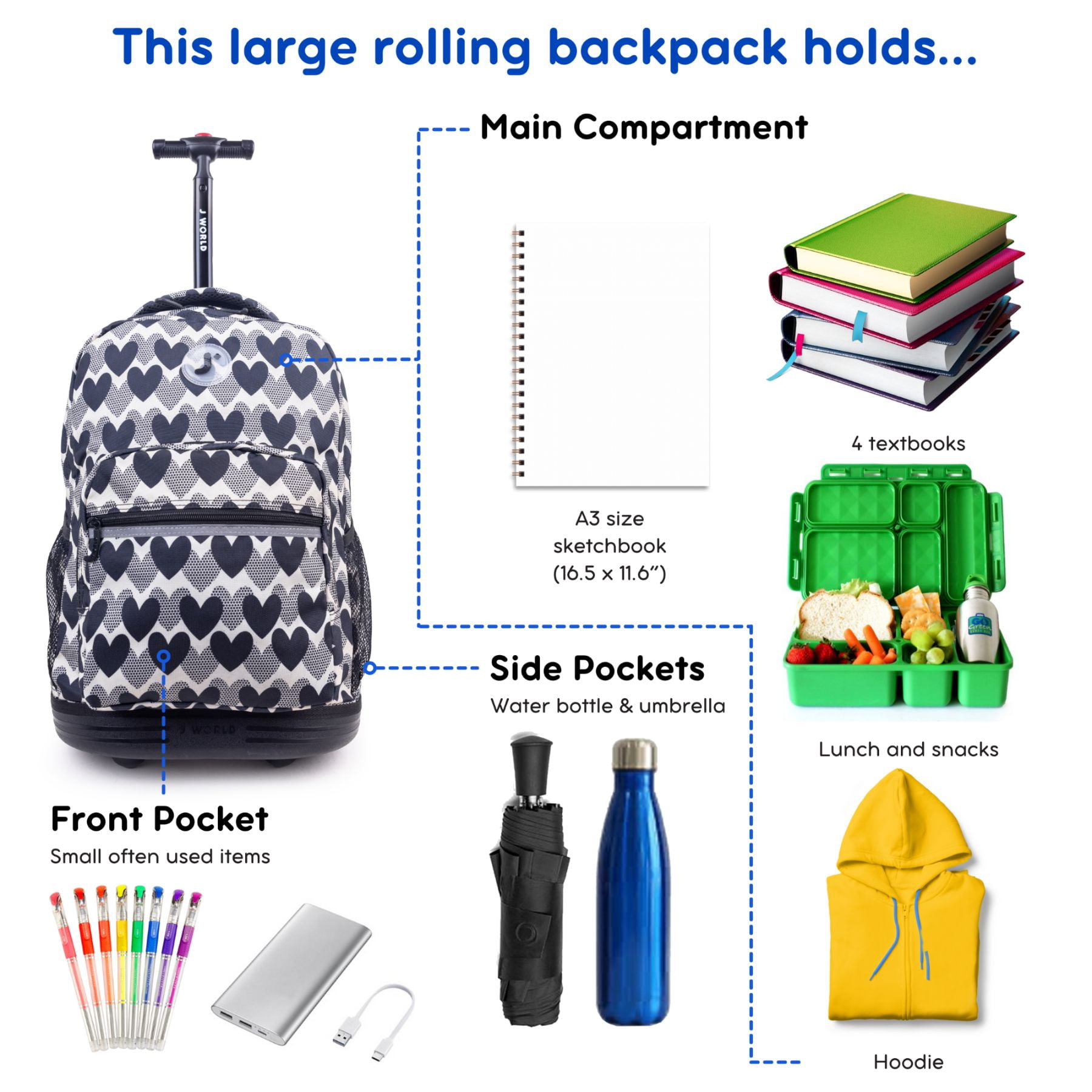 J World Girls Sunrise 18" Rolling Backpack for School and Travel, Heart Dot - Image 3