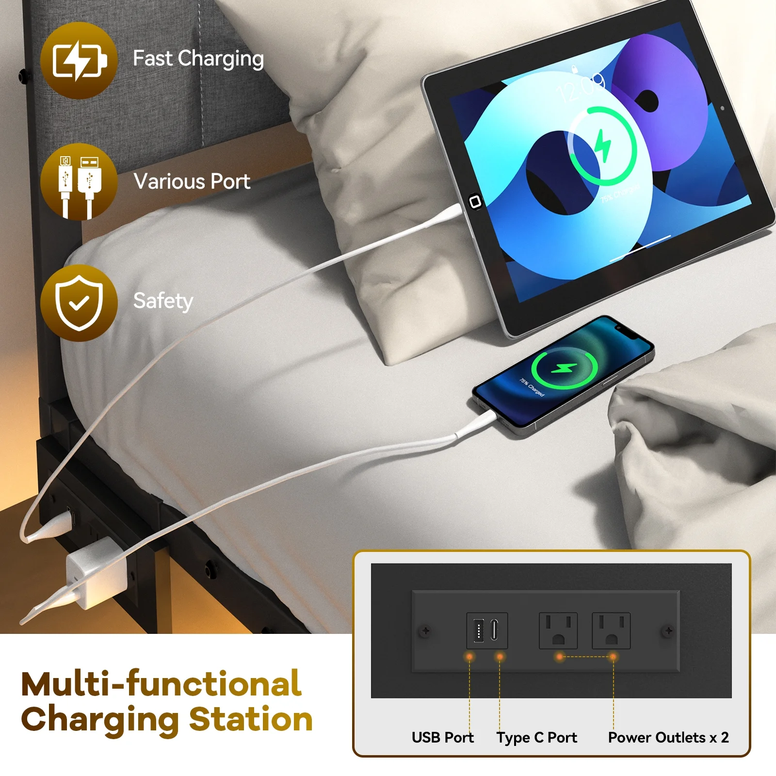 Behost Full Size Floating Bed Frame Upholstered with LED Lights and Built-in Charging Station, Metal Bed Frame, Gray - Image 4