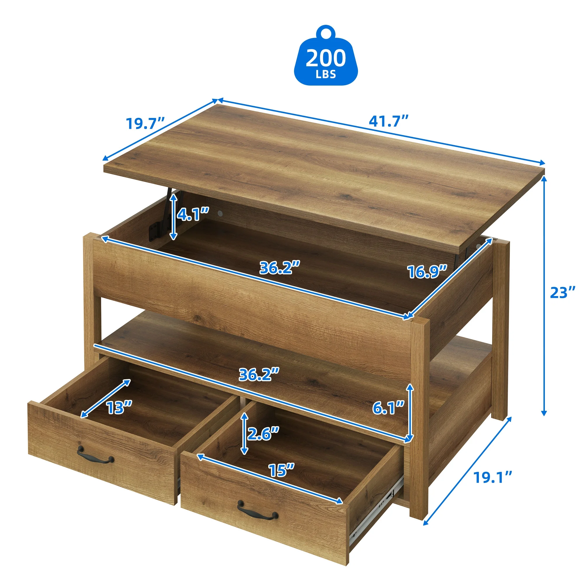Dextrus Wood Lift Top Coffee Tables with 2 Storage Drawers for Living Room Office, Rustic Brown - Image 6