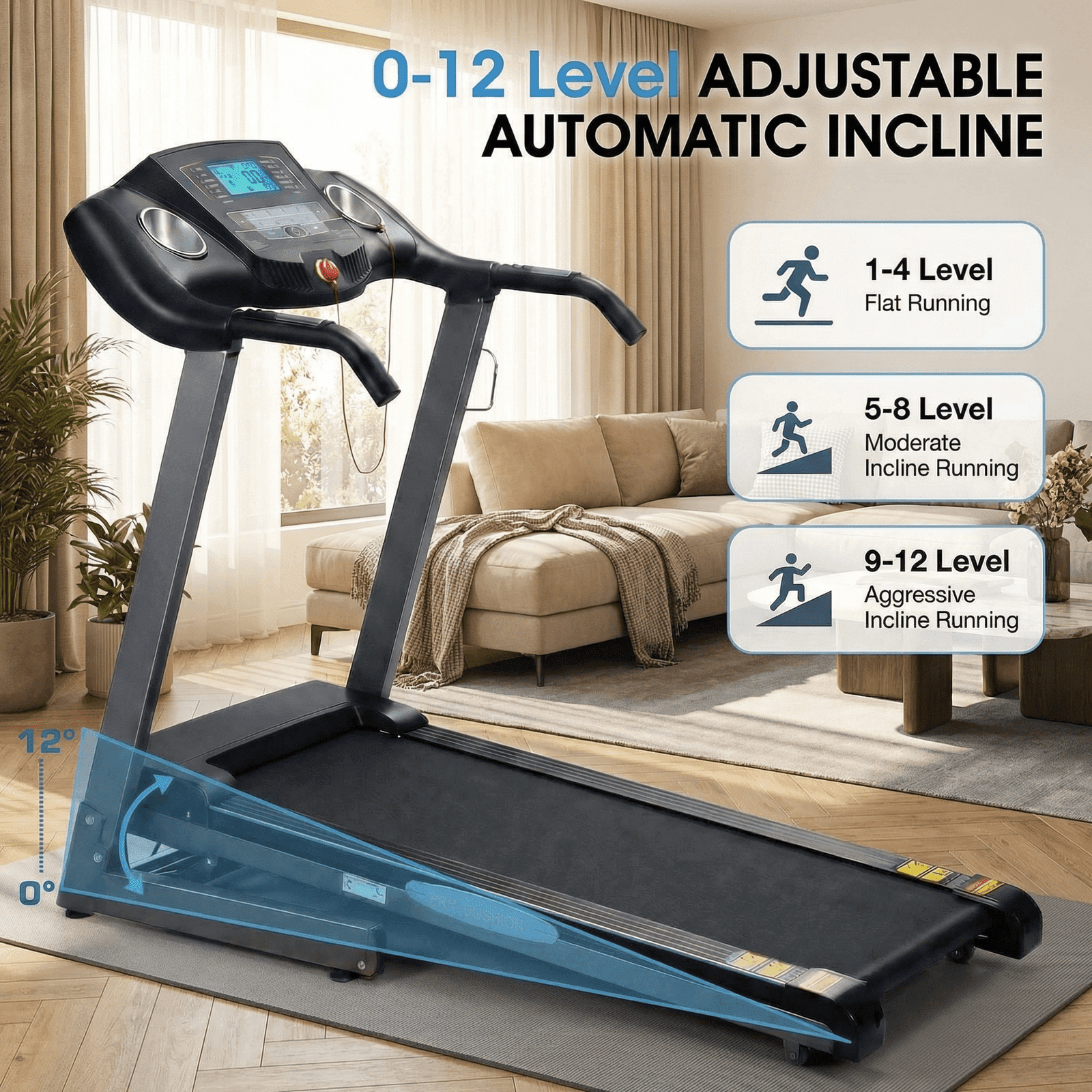 Naipo 12Level Auto Incline Treadmill Folding Electric Treadmill 220lbs Capacity Exercise Treadmill with Speed Range of 0.6 to 8.5 mph for Home Office Running and Walking - Image 3