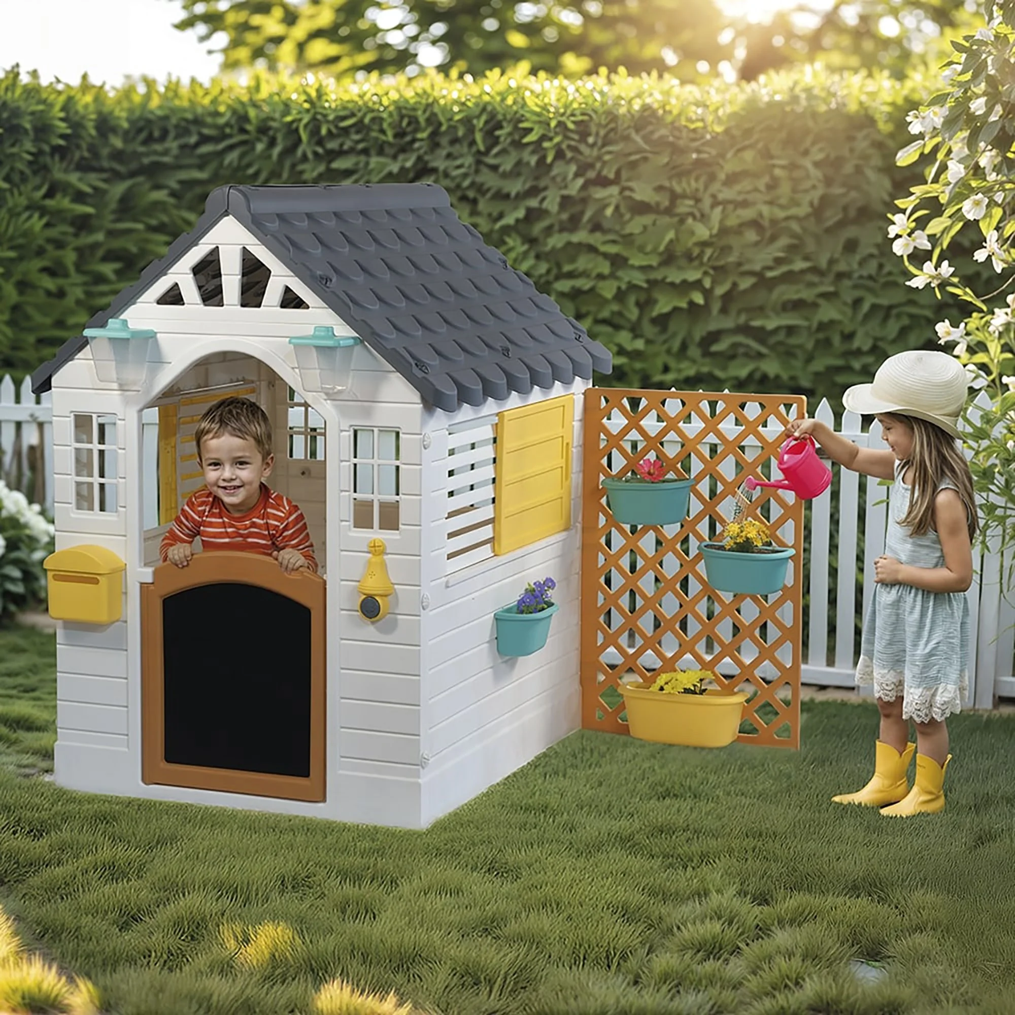 Dolu: Garden Playhouse With Fence - White-Grey-Yellow - Outdoor-Indoor Toy, Chalkboard Door, Durable Charming Design, Easy Assembly, Kids-Toddlers 2+ - Image 6