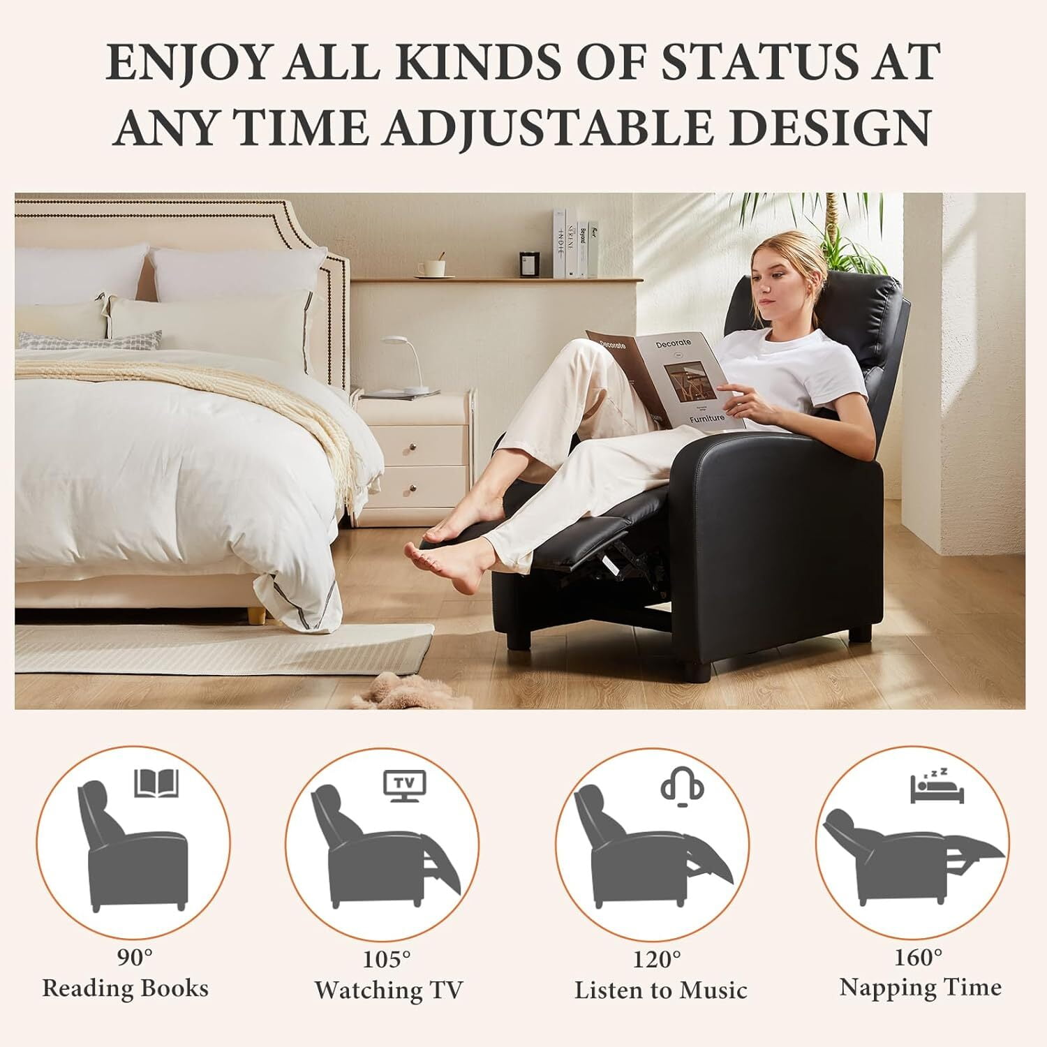 AENKYO Push-Back Recliner Chair with Massage & Adjustable Footrest - Home Theater Seat with Side Pocket, Black - Image 2