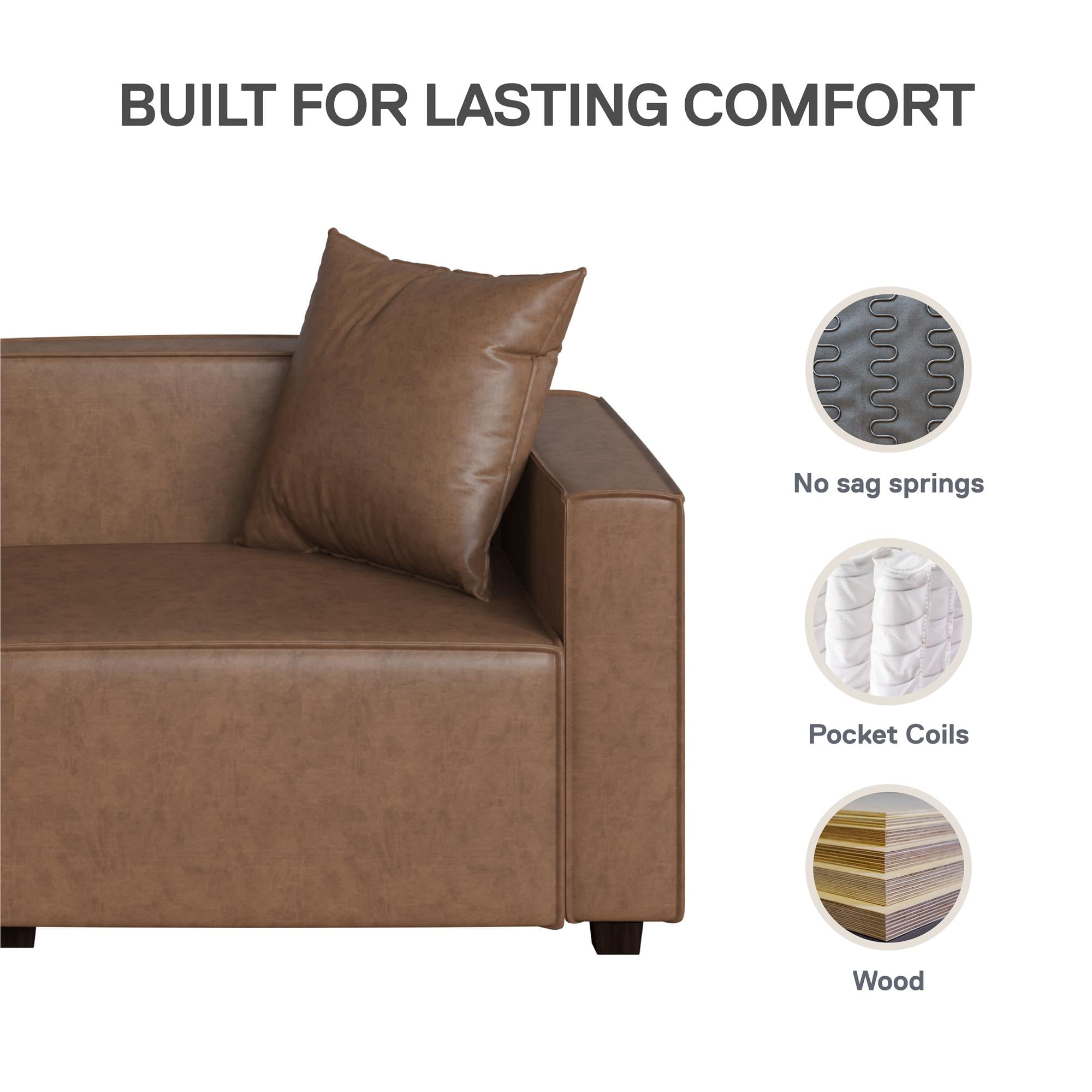 Mainstays Wynnewood 75" Low Profile Faux Leather Sofa Couch with 2 Throw Cushions, Brown - Image 14