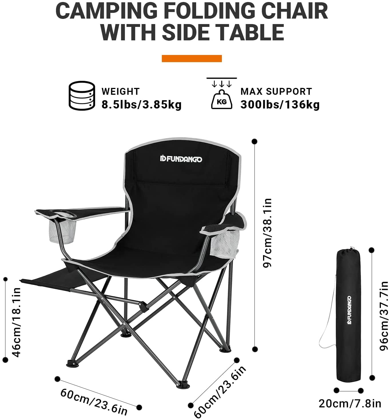 FUNDANGO Black Foldable Camp Lawn Chairs for Outside, Portable Folding Padded Chair for Park, Camping, Includes Side Table & Cup Holder, Support 300 lbs Capacity, Black, 1Pack - Image 10