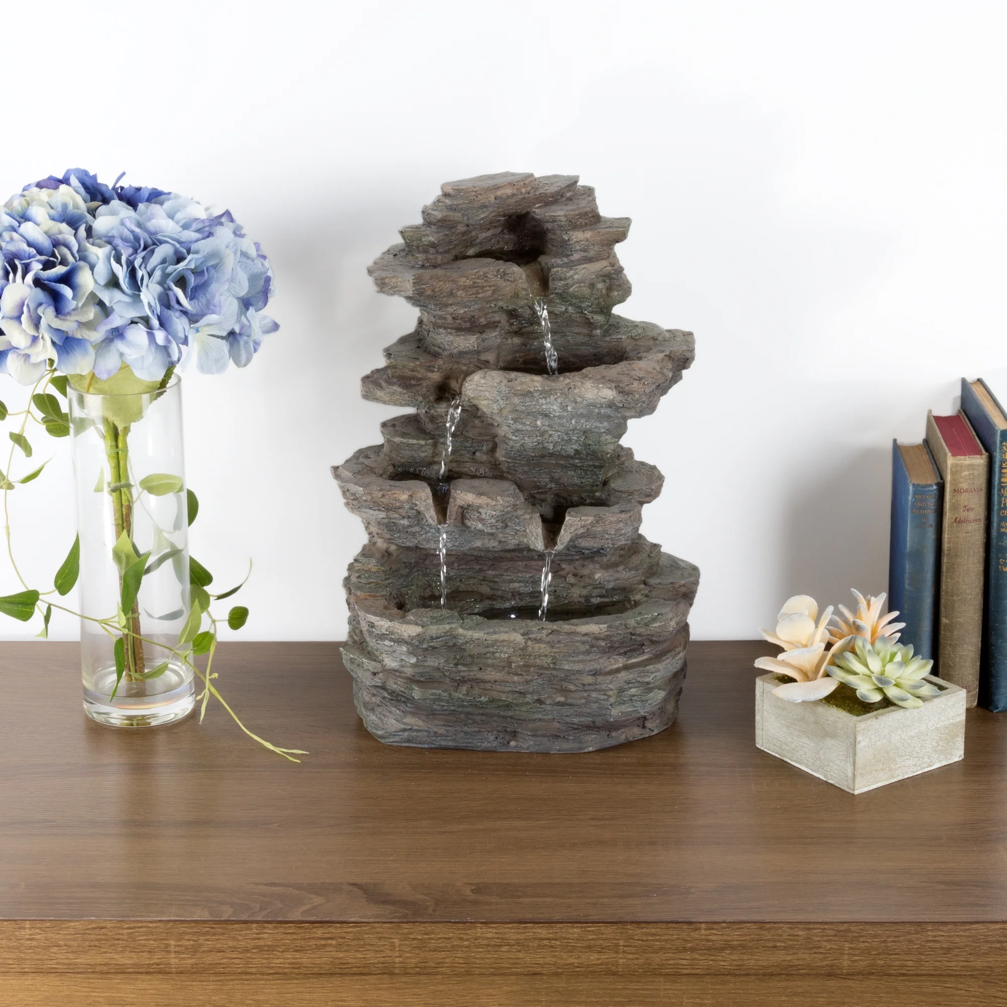 Pure Garden Indoor Electric Tabletop Waterfall Fountain with LED Lights - Resin 4-Tiered Stones, Grey - Image 2