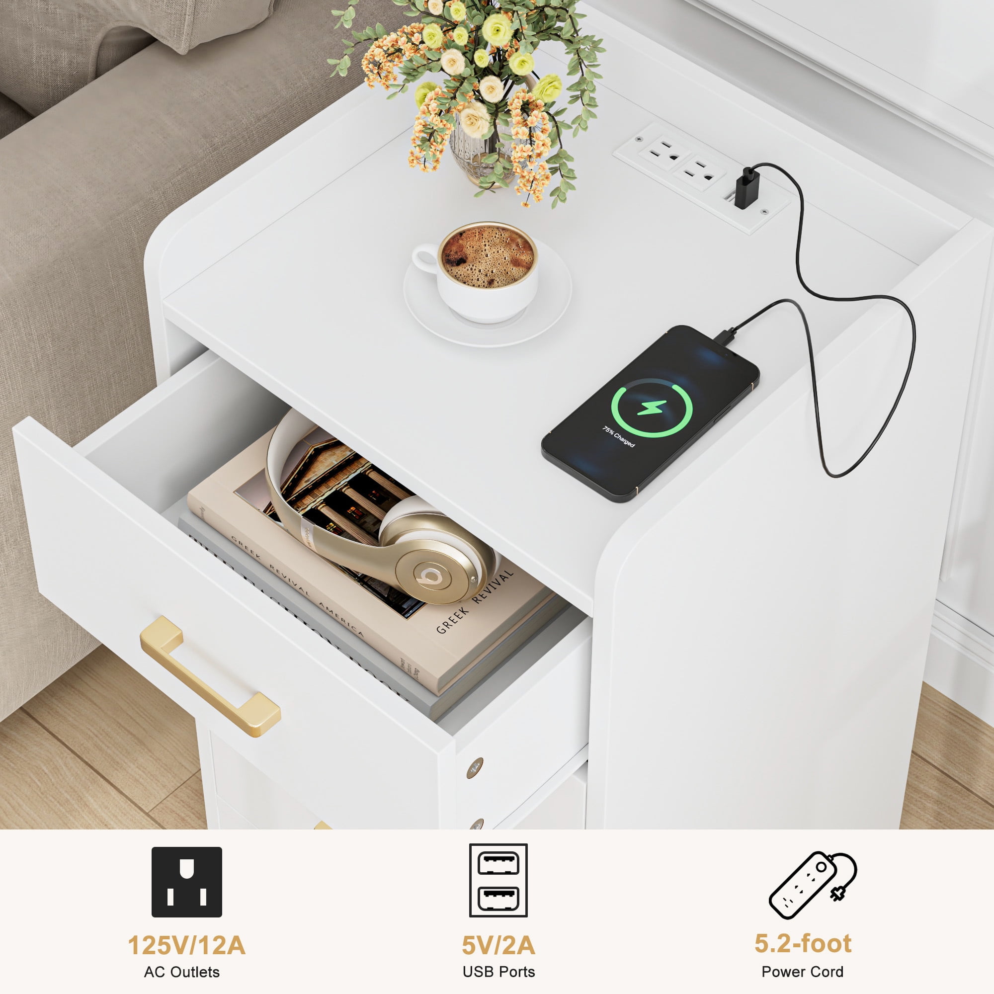 Homfa White Nightstand with Charging Station, 3 Drawers Nightstand for Bedroom, Modern Storage Cabinet for Living Room - Image 11