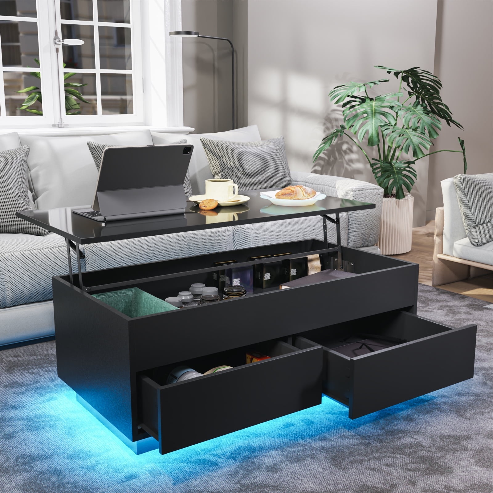 Hommpa LED Lift Top Coffee Table with Storage Modern Coffee Tables for Living Room Rectangle High Gloss Center Table with 2 Drawers - Image 11