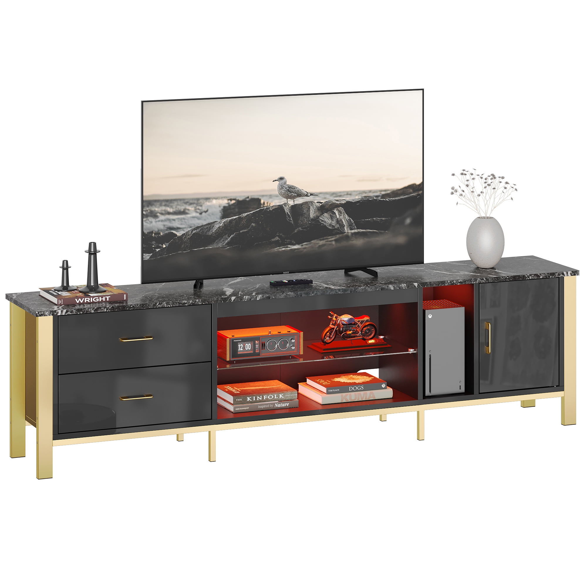 Bestier 80" Modern TV Stand LED Entertainment Center High Gloss Console Table for TVs up to 85" with Storage Cabinet and Drawers, Black - Image 7