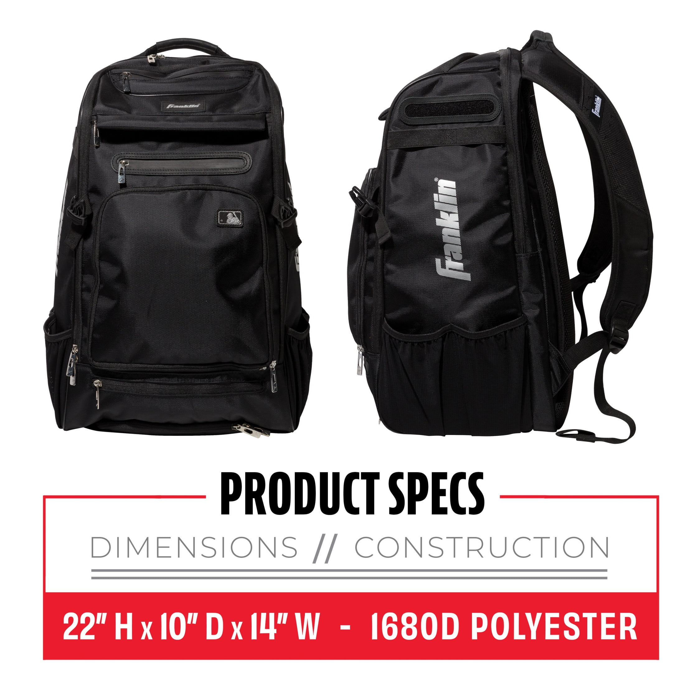 Franklin Sports MLB Traveler Elite Baseball Backpack - Adult + Youth Baseball Bag - Black - Image 9