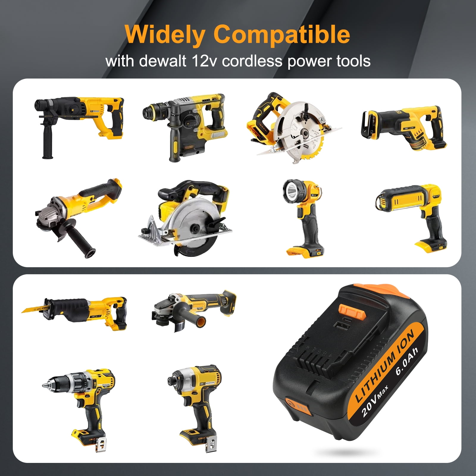 2 Pack DCB200 20V 6.0Ah Battery Replacement for Dewalt 20V Battery DCB206 DCB205 DCB204 - Image 2