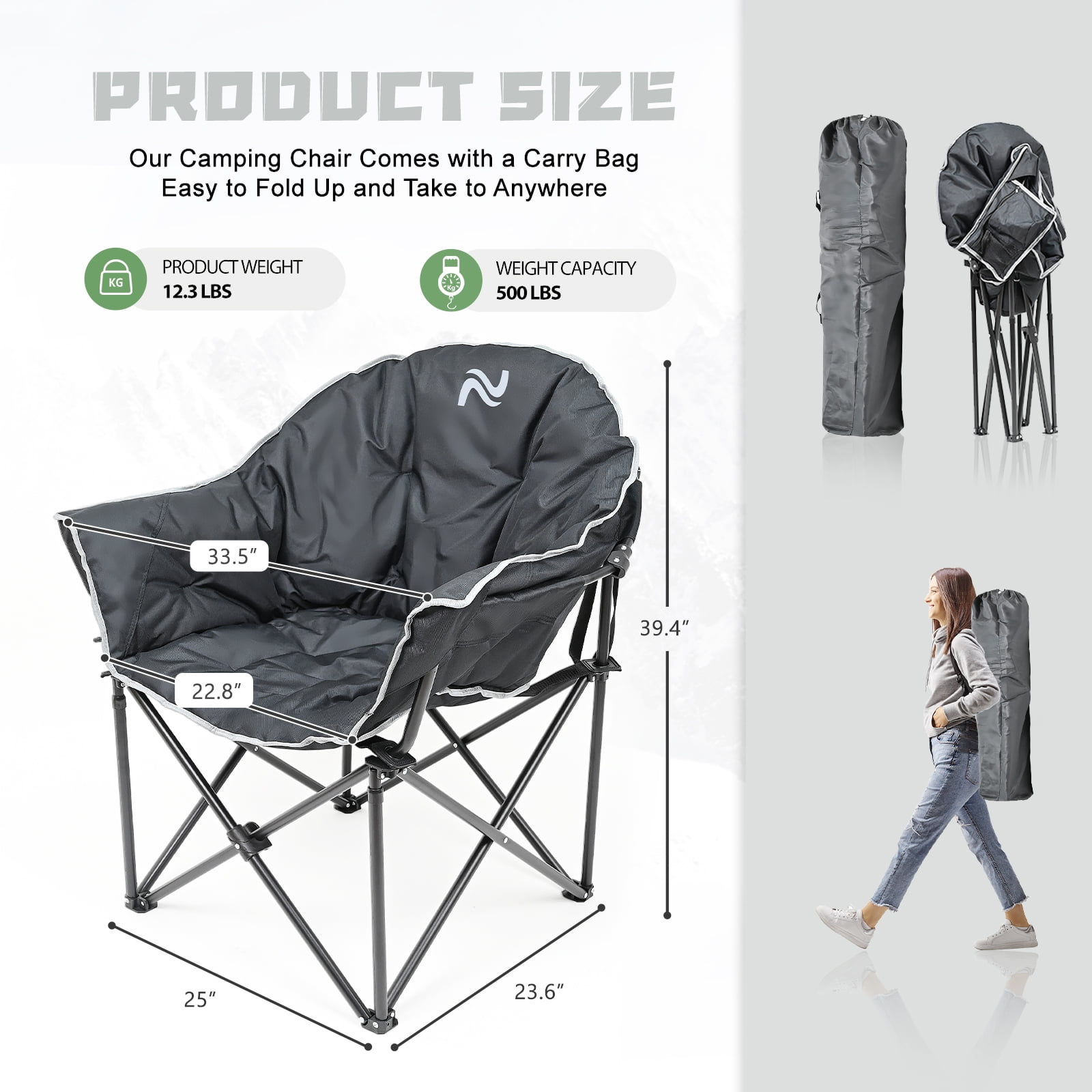 NAIZEA Oversize Lightweight Foldable Durable Padded Camping Chair for Large Adults, Supports 500 lbs, with Carry Bag - Image 2