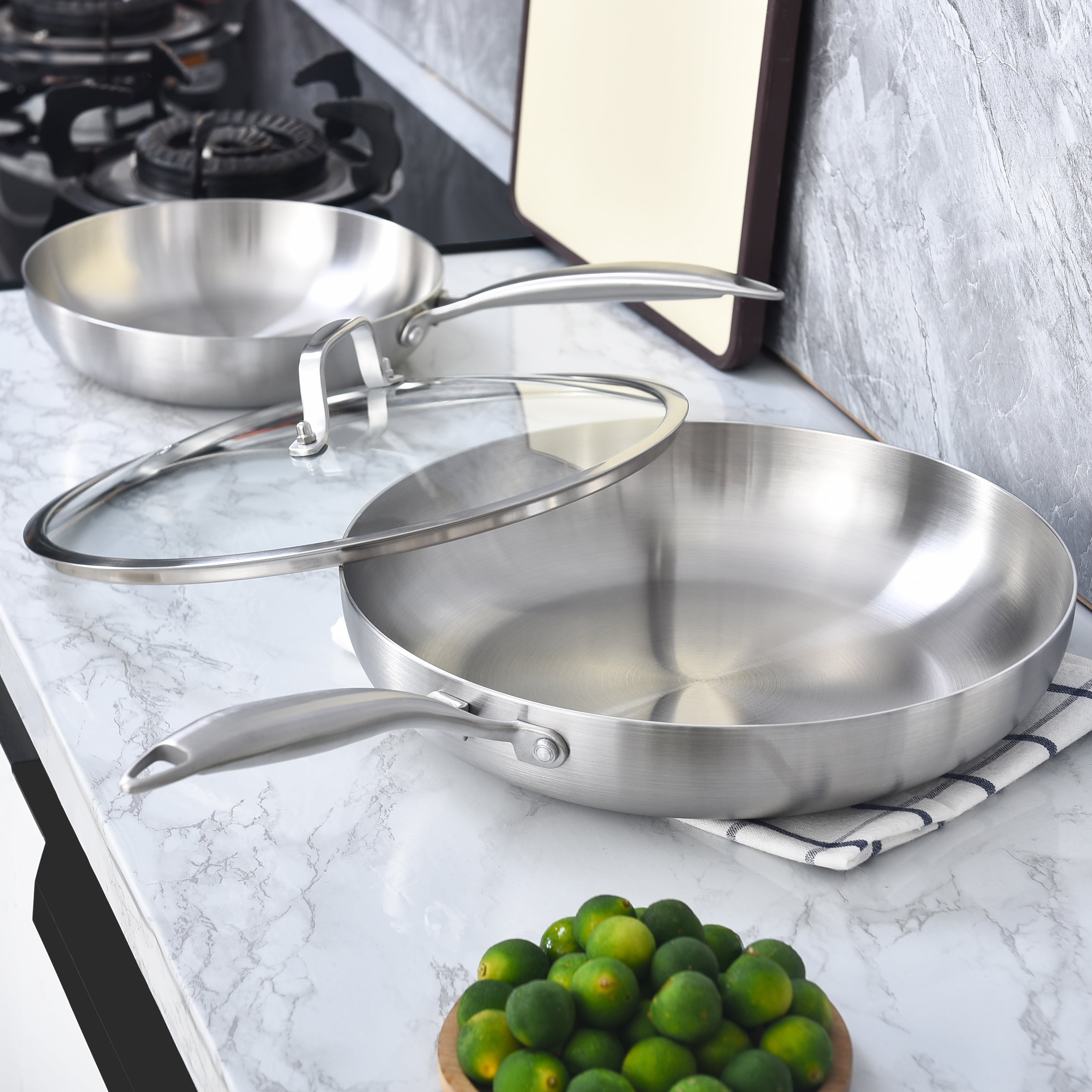 LOLYKITCH Tri-ply Stainless Steel Frying Pan Set with a Lid,8.5-10 inch Skillets,Induction Cooking Pan,Dishwasher and Oven Safe,Rivet Handle. - Image 7