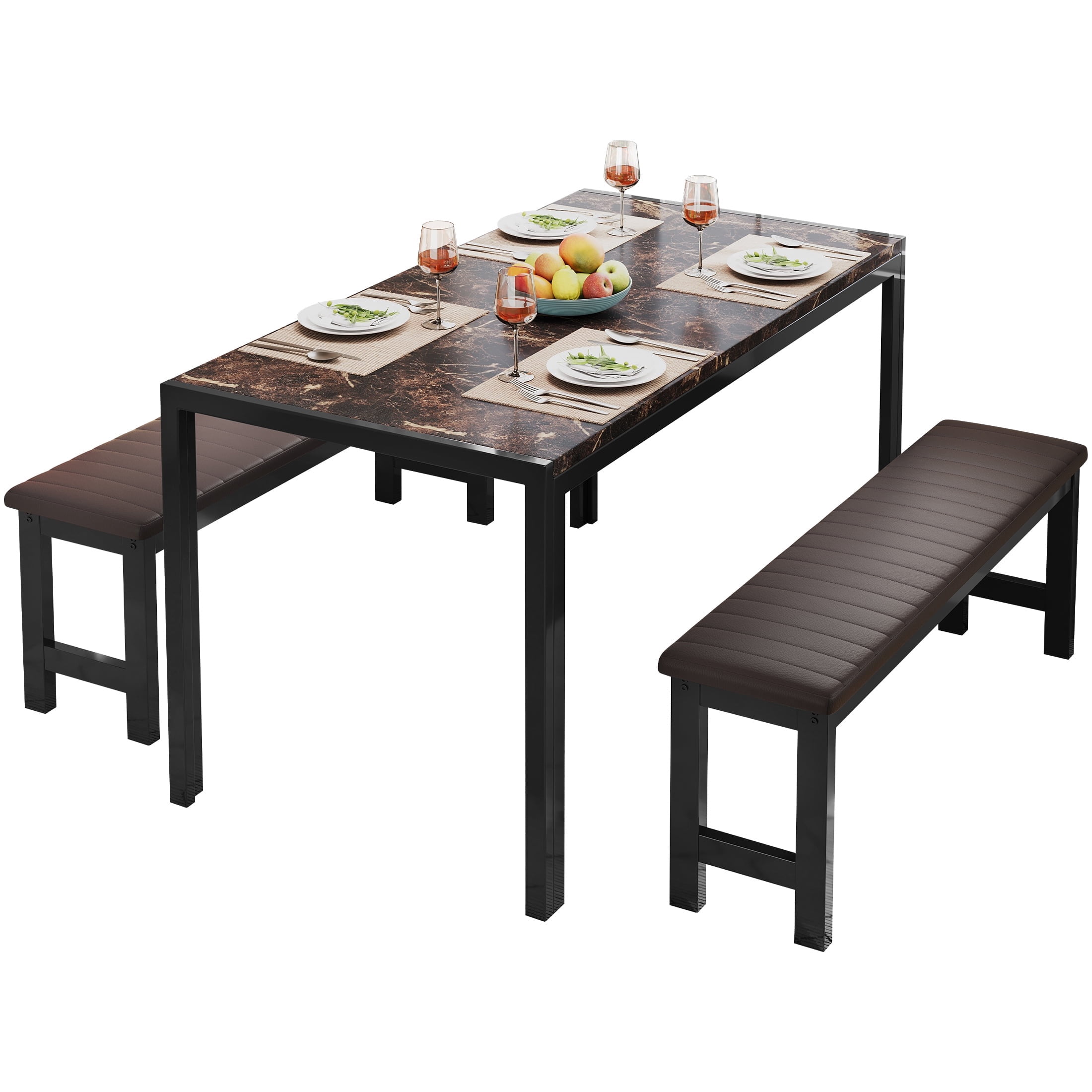 PORKISS Dining Table Set for 4, Faux Marble Kitchen Table Set with 2 PU Leather Benches, Breakfast Nook Set for Small Spaces, 3 Piece Dining Room Table Set, Brown+Black - Image 5