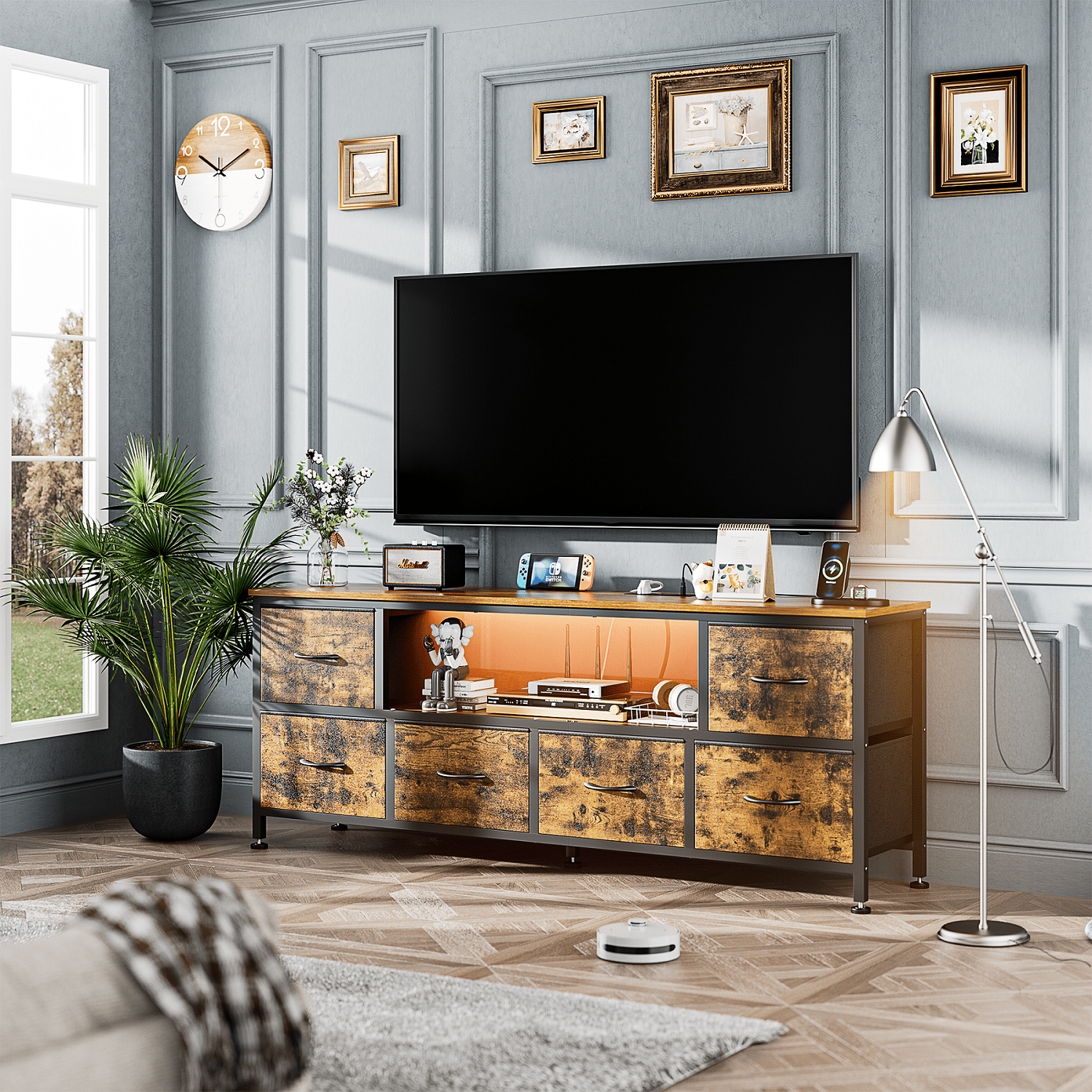 GIKPAL Dresser TV Stand with 6 Drawers, TV Stands for 55 inch TV, Brown Dresser Chest of Drawers, Fabric Dresser with LED Lights and Outlets - Image 2