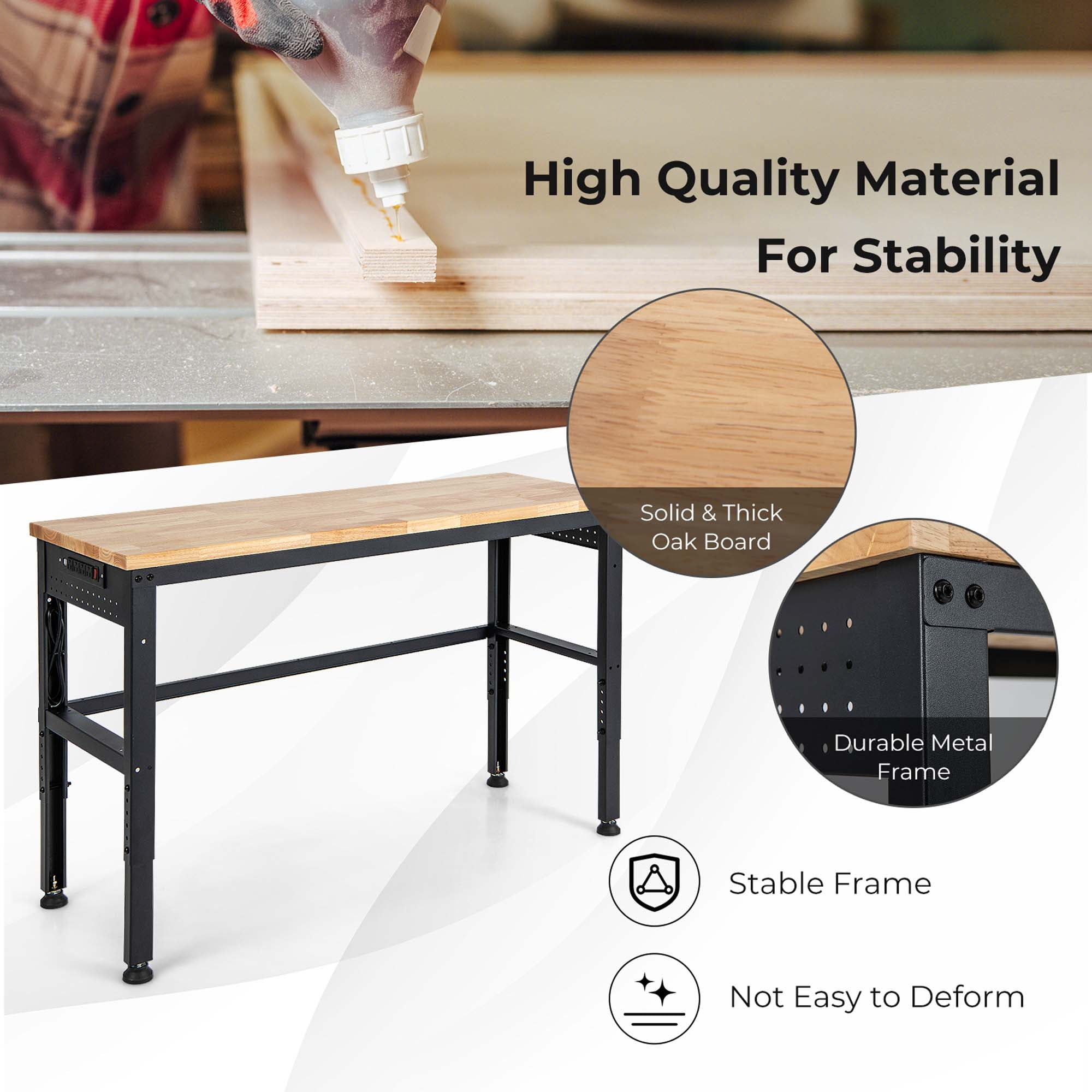 Costway 53" Adjustable Height Workbench 1760lbs Capacity Workstation w/ Power Outlets - Image 2