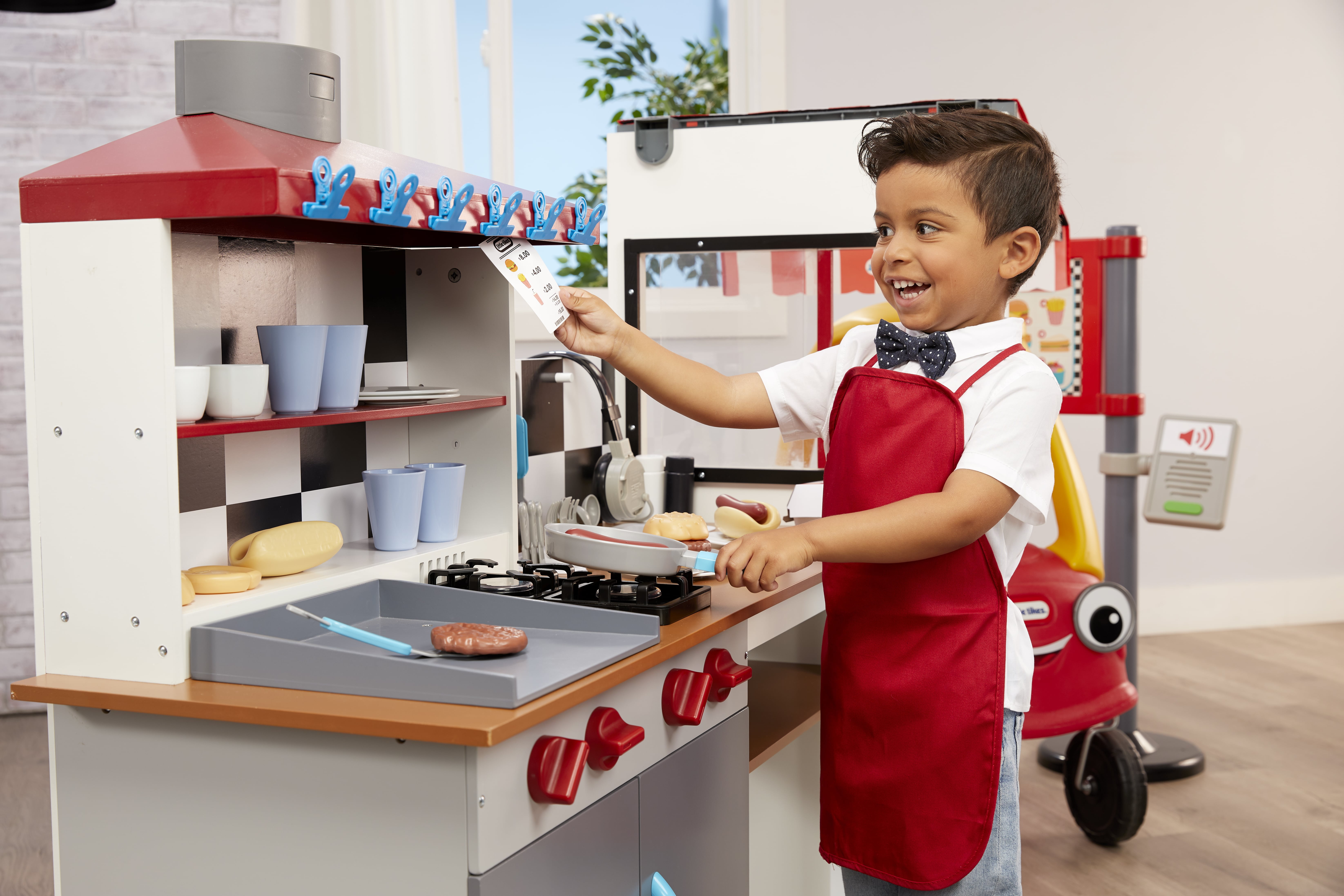 Little Tikes Real Wood Drive-Thru Diner 40-Piece Wooden Pretend Play Kitchen Toys Playset, Realistic Lights & Sounds, Dual-Sided Play, Multi-Color- For Kids Girls Boys Ages 3 4 5+ - Image 4