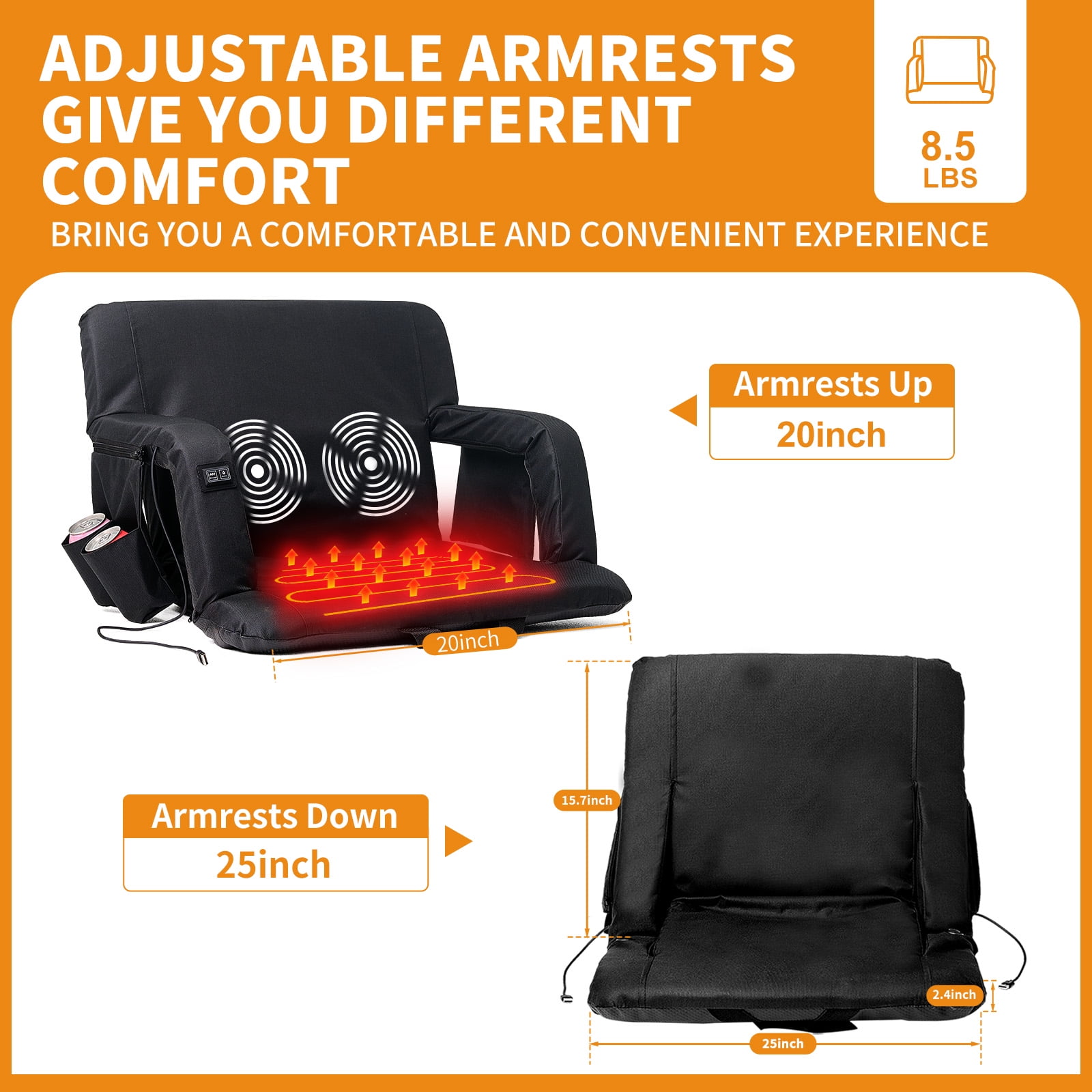 Slsy 25" Heated Massage Stadium Seats, Folding Bleacher Chair, 3 Levels of Heat&Massage, 6 Reclining Positions for Indoor Stadiums, Baseball Stadiums - Image 5