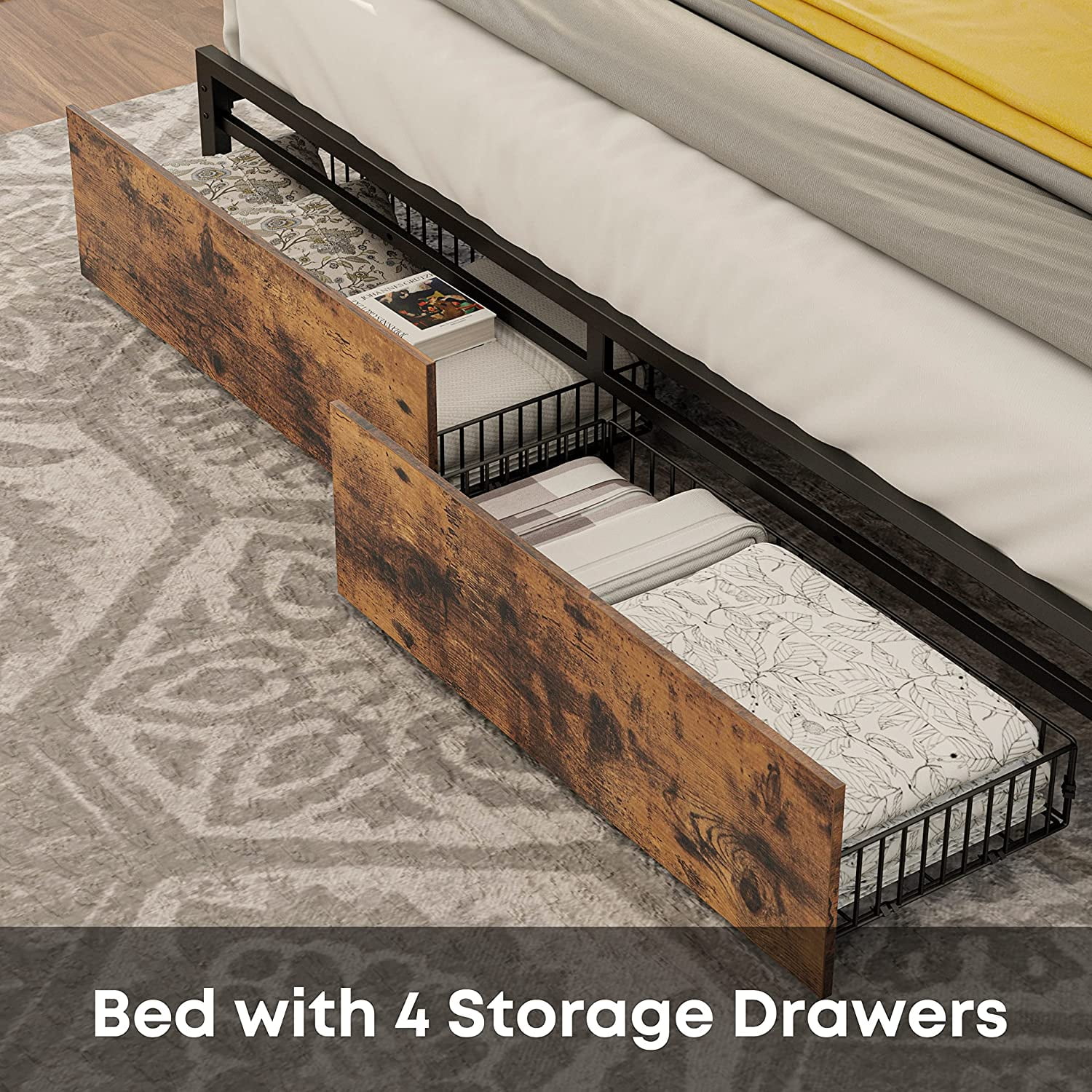 LIKIMIO Queen Bed Frame with Storage Headboard, Charging Station and 2 Under-bed Drawers, Vintage Brown - Image 2