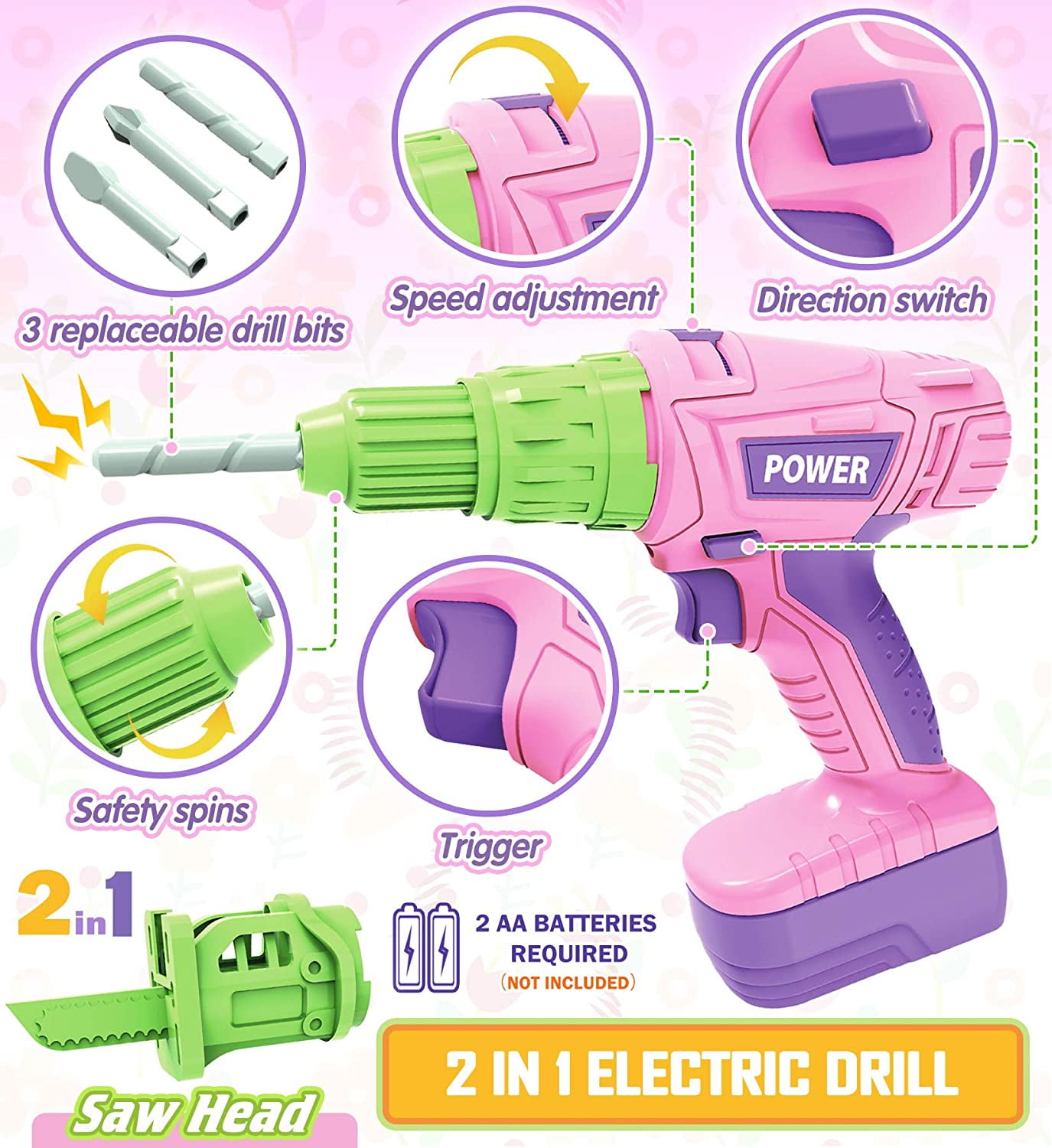 Exercise N Play Kids Tool Set with Electric Toy Drill Chainsaw Jigsaw Toy Tools for Kids Girl (Pink) - Image 6