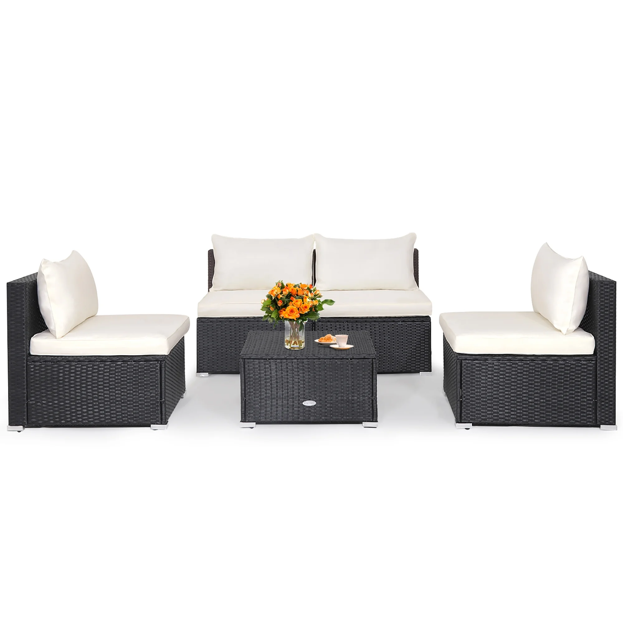 Gymax 5PCS Patio Outdoor Rattan Sofa Conversation Set w/ Seat & Back Cushions Off White - Image 4