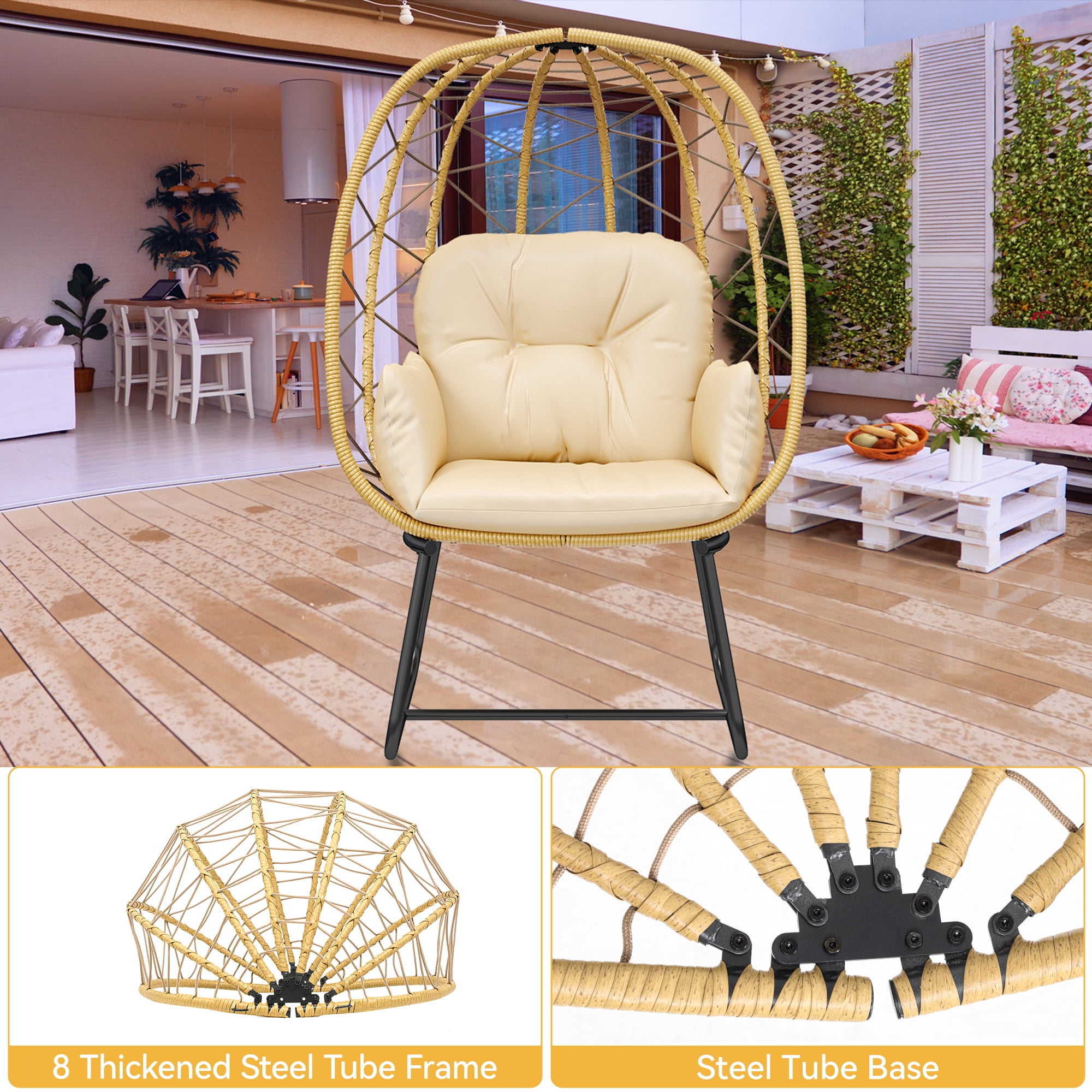 Dextrus Outdoor & Indoor Egg Chair with Stand, Wicker Rattan Lounge Chair, Cushion & Ottoman, Beige - Image 4