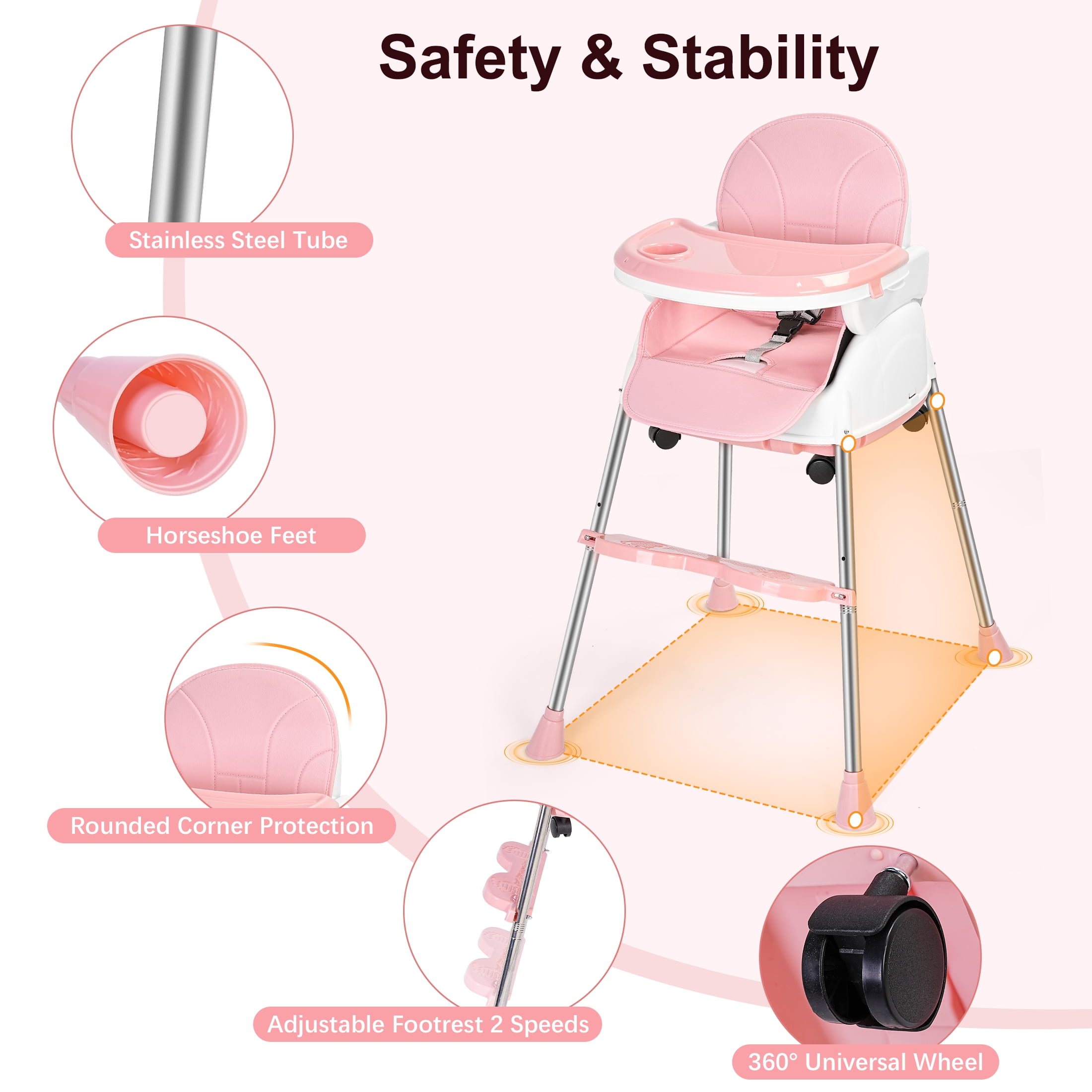 Minikid 5-in-1 High Chair with Wheels, 3-Point Seat Belt, Double-Layer Dinner Plate, Pink - Image 8