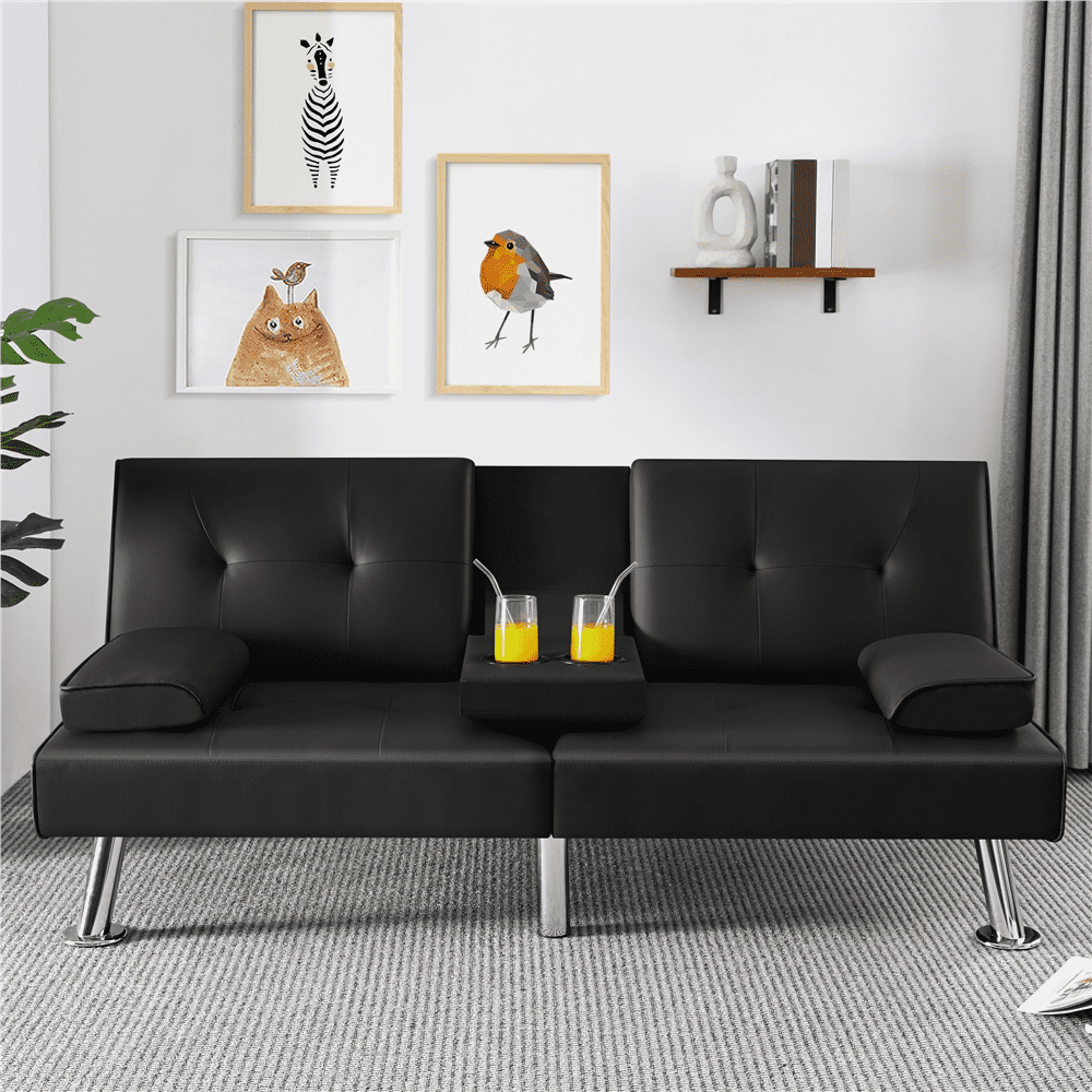 Renwick Modern Faux Leather Futon Sofa Bed Convertible Folding Couch with Cup Holders, Black - Image 5