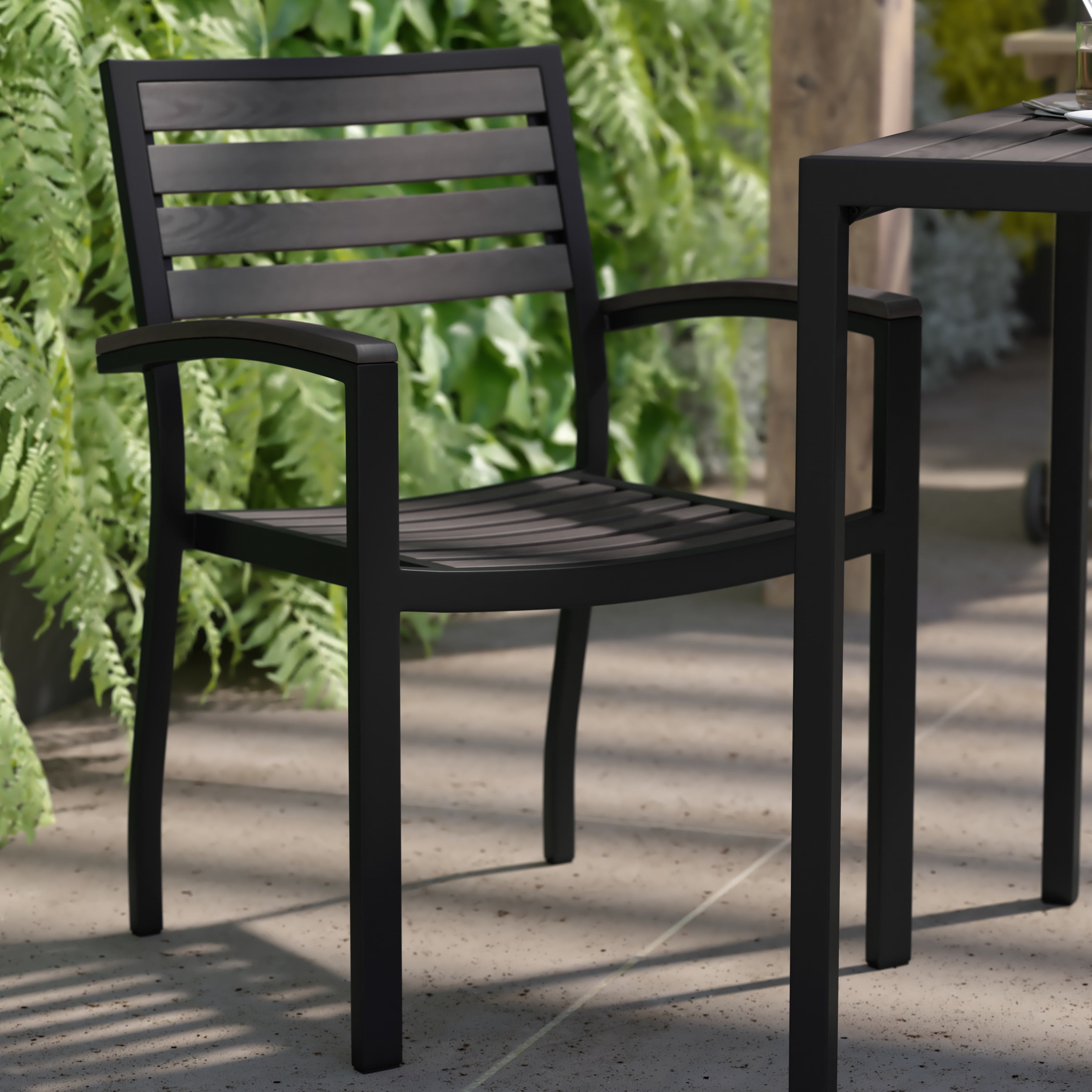 Flash Furniture Lark Set of 2 Outdoor Stackable Faux Teak Side Chairs - Commercial Grade Black Aluminum Patio Chairs with Synthetic Gray Wash Faux Teak Slats - Image 5