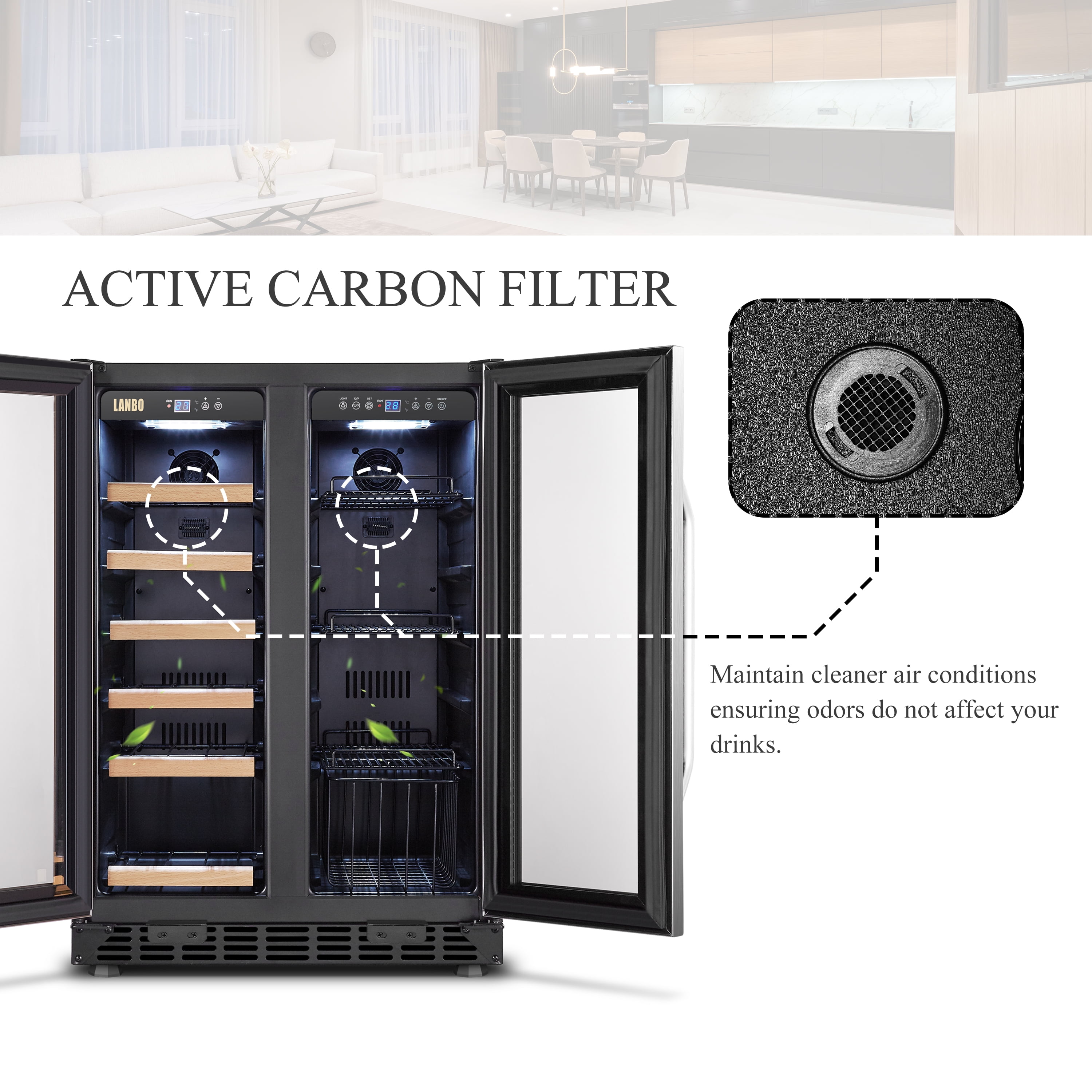 Lanbo 24 inch 18 Bottle 55 Cans Under Counter Dual Zone Wine Cooler Beverage Refrigerator - Image 3