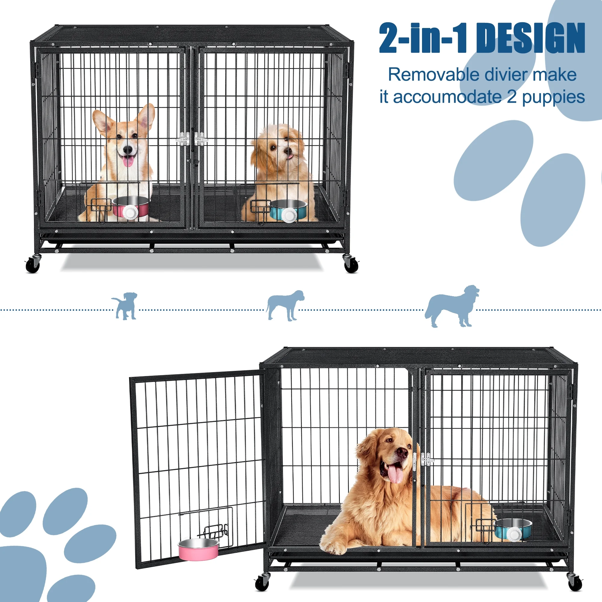 Suchown Heavy Duty Dog Crate – 37 Inch Escape-Proof Steel Cage for Small to Medium Dogs, Stackable Metal Kennel with Double Door, Lockable Wheels, Removable Tray & Feeding Bowls, Indoor/Outdoor Use - Image 4