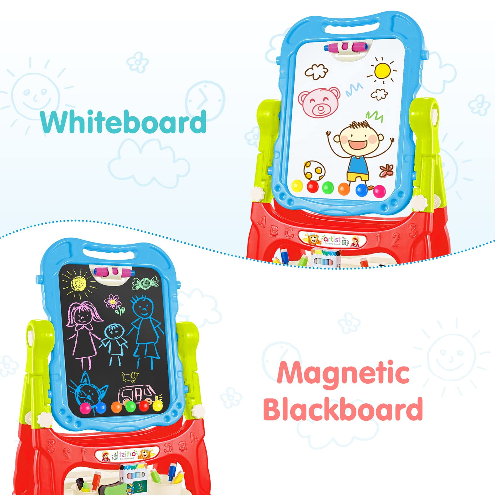 JBee Ctrl Easel for Kids Rotatable Double Sided White Board & Chalk Board Adjustable Standing Kids Art Easel w/ Paint Accessories for Boys Girls Birthday Christmas Gifts for Kids 3-6 Blue - Image 4