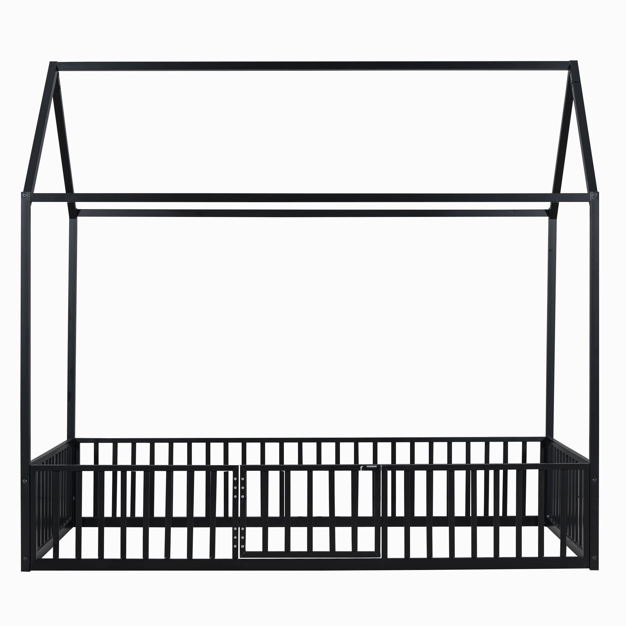 Euroco Metal Twin Size House Bed Frame, Low Profile Canopy Bed with Fence and Door for Kids, Black - Image 13