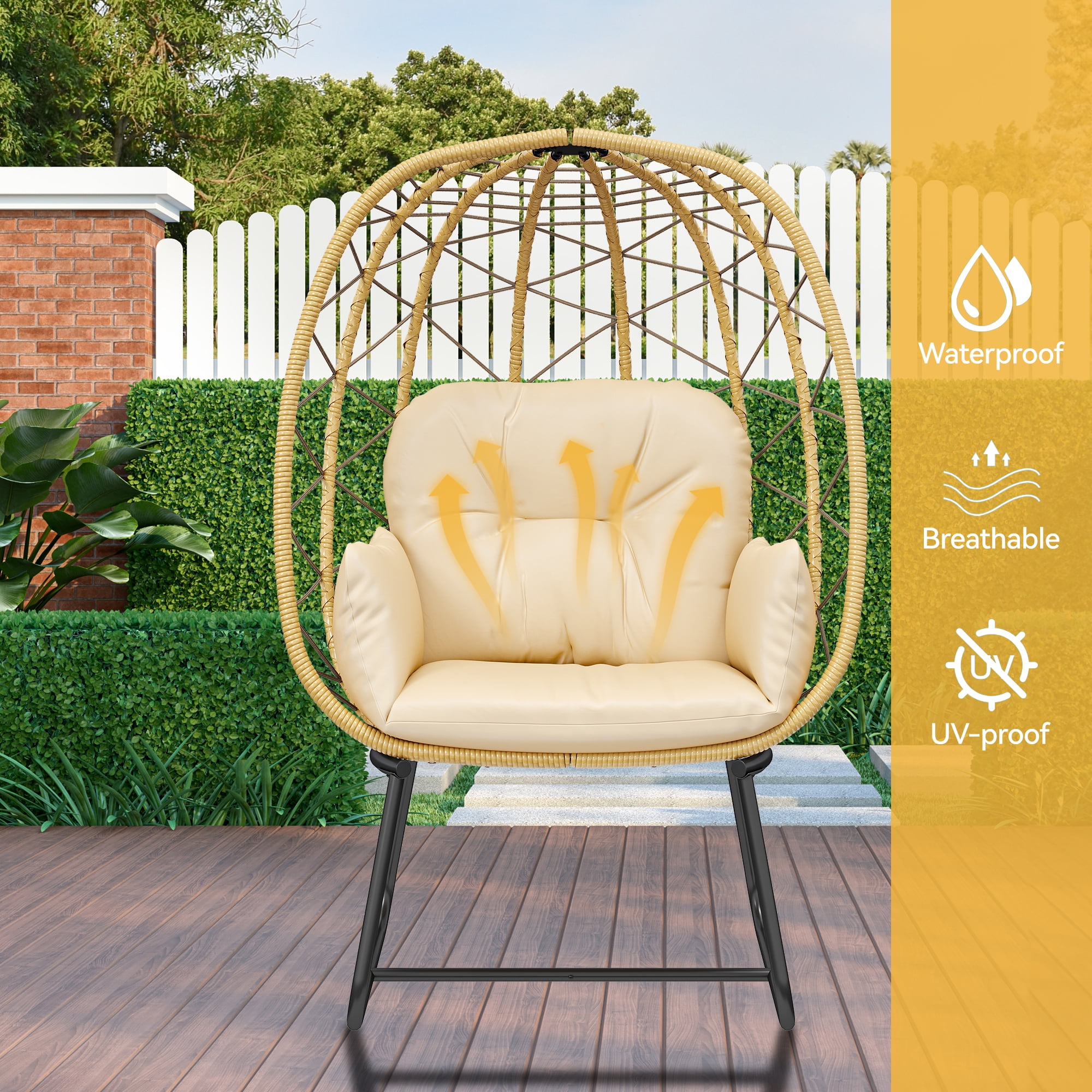 Dextrus Outdoor & Indoor Egg Chair with Stand, Wicker Rattan Lounge Chair, Cushion & Ottoman, Beige - Image 3
