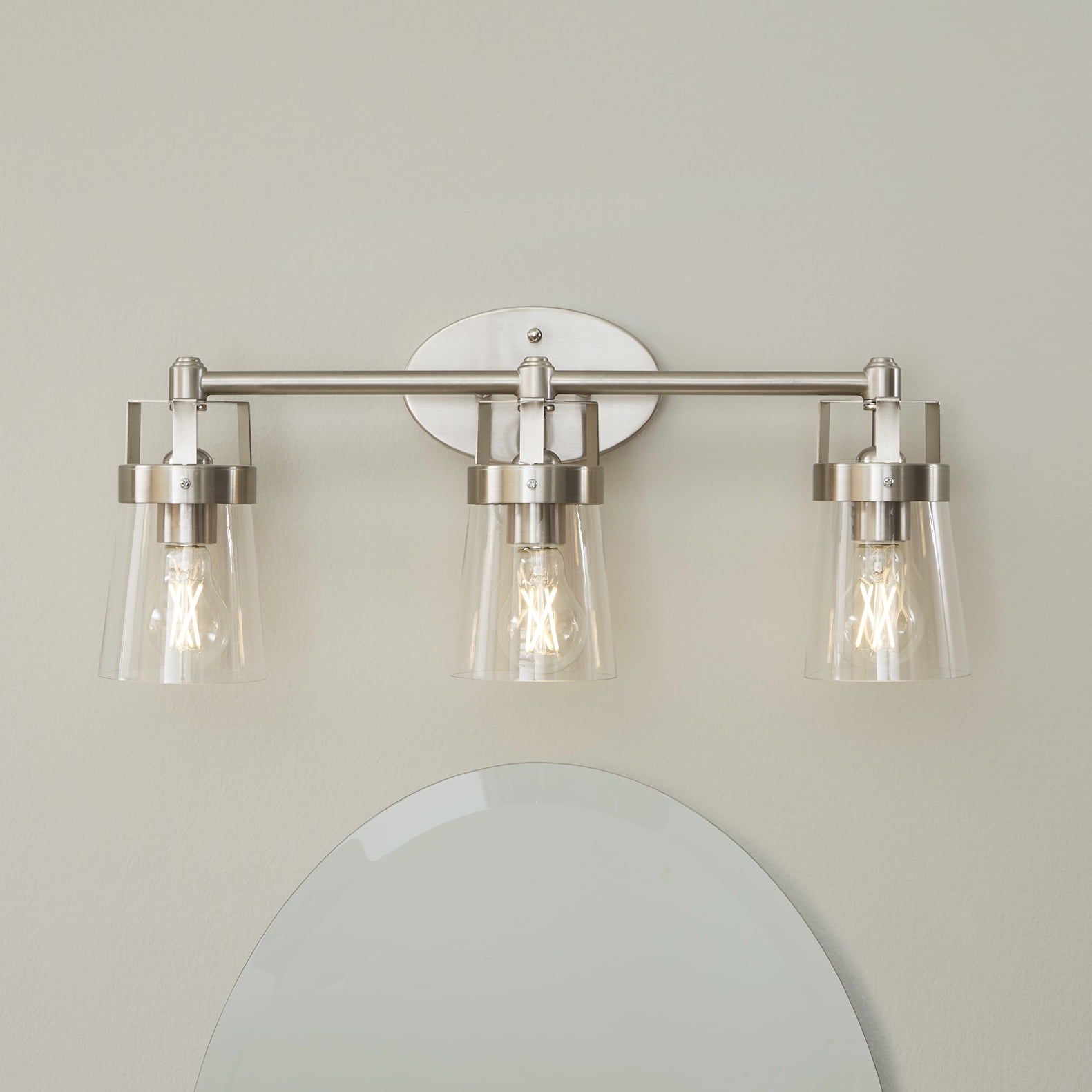 Better Homes & Gardens 22" Contemporary 3-Head Vanity Light, Satin Nickel Finish Clear Glass Shades - Image 3